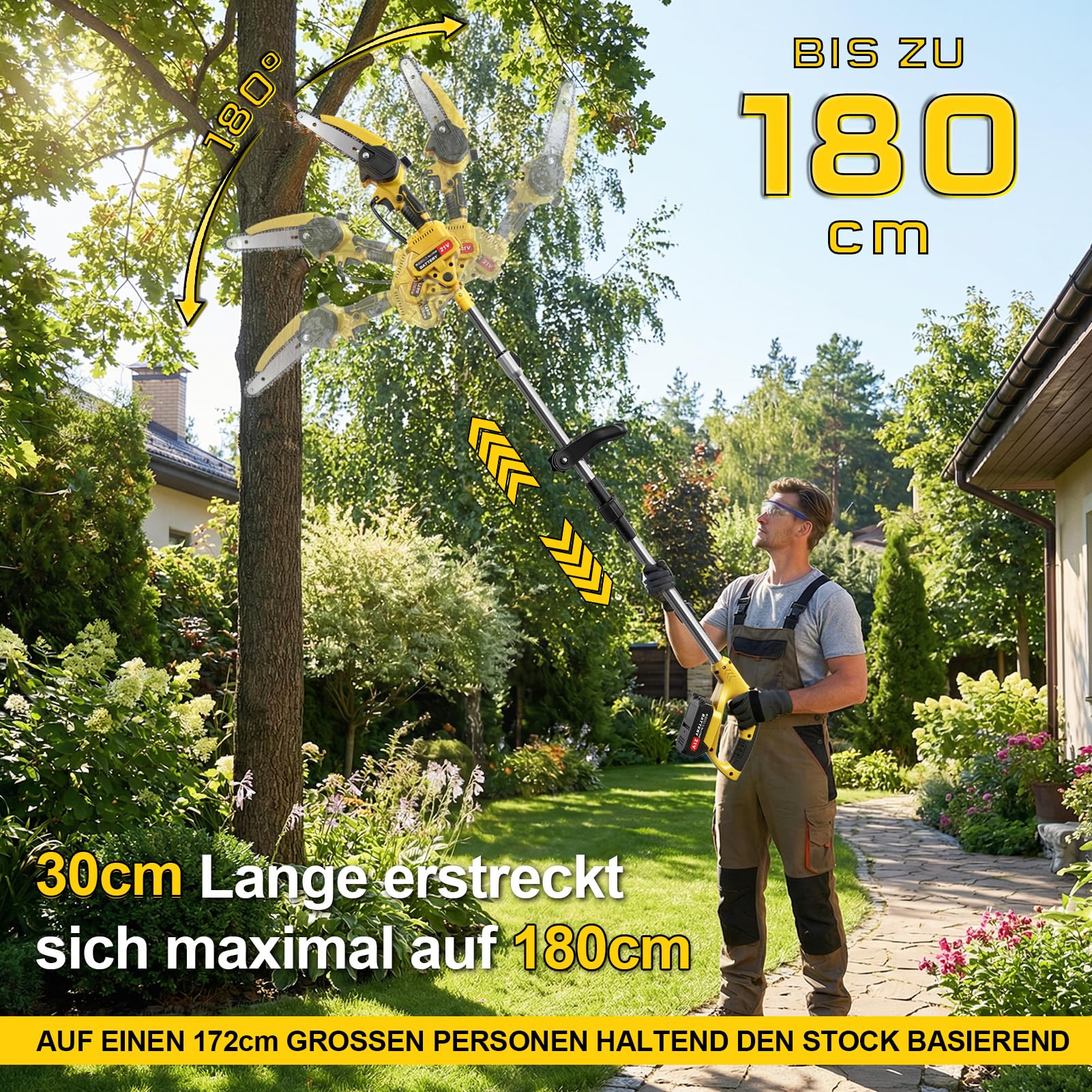 2-in-1 Hochentaster Akku & 6 Zoll Mini Kettensäge mit 2×2.0ah Akku, Bürstenloser Motor, Arbeitshöhe bis1.72m, 21V Teleskop Astsäge Astschere Hochentaster Elektrisch für Baumzweige, Holzschneiden