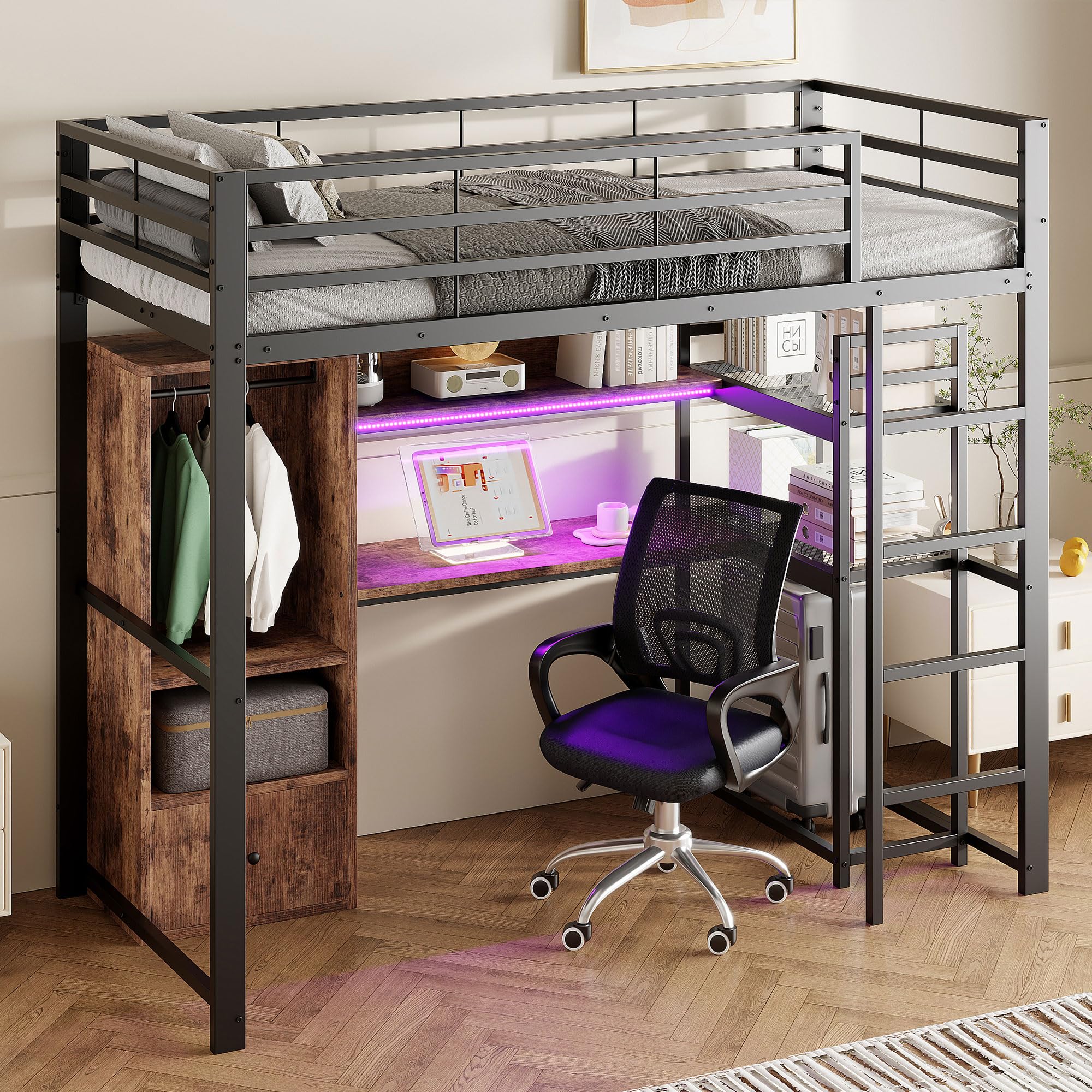 Letto a soppalco 90 x 200 cm, letto per ragazzi in metallo con luci a LED e scrivania, con vano portaoggetti e scaffale, con protezione anti-caduta e scala, senza materasso (nero, 90 x 200 cm)