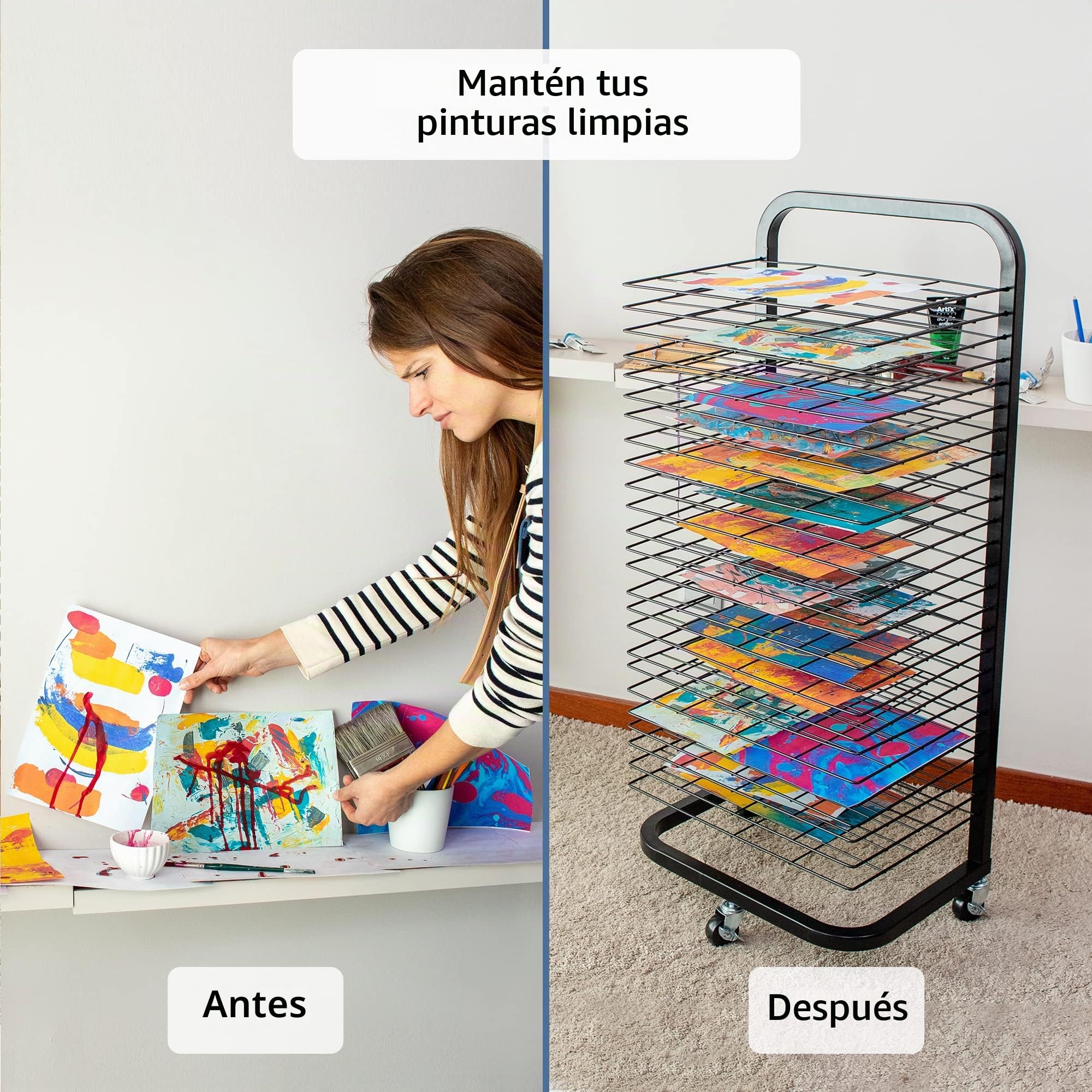 ODOXIA Estante De Secado De Arte para El Aula | Mantiene Las Obras De Arte Limpias | Estante De Secado De Pintura | con Ruedas | Bandejas Extraíbles Apilables para Pinturas, Dibujos Y Más