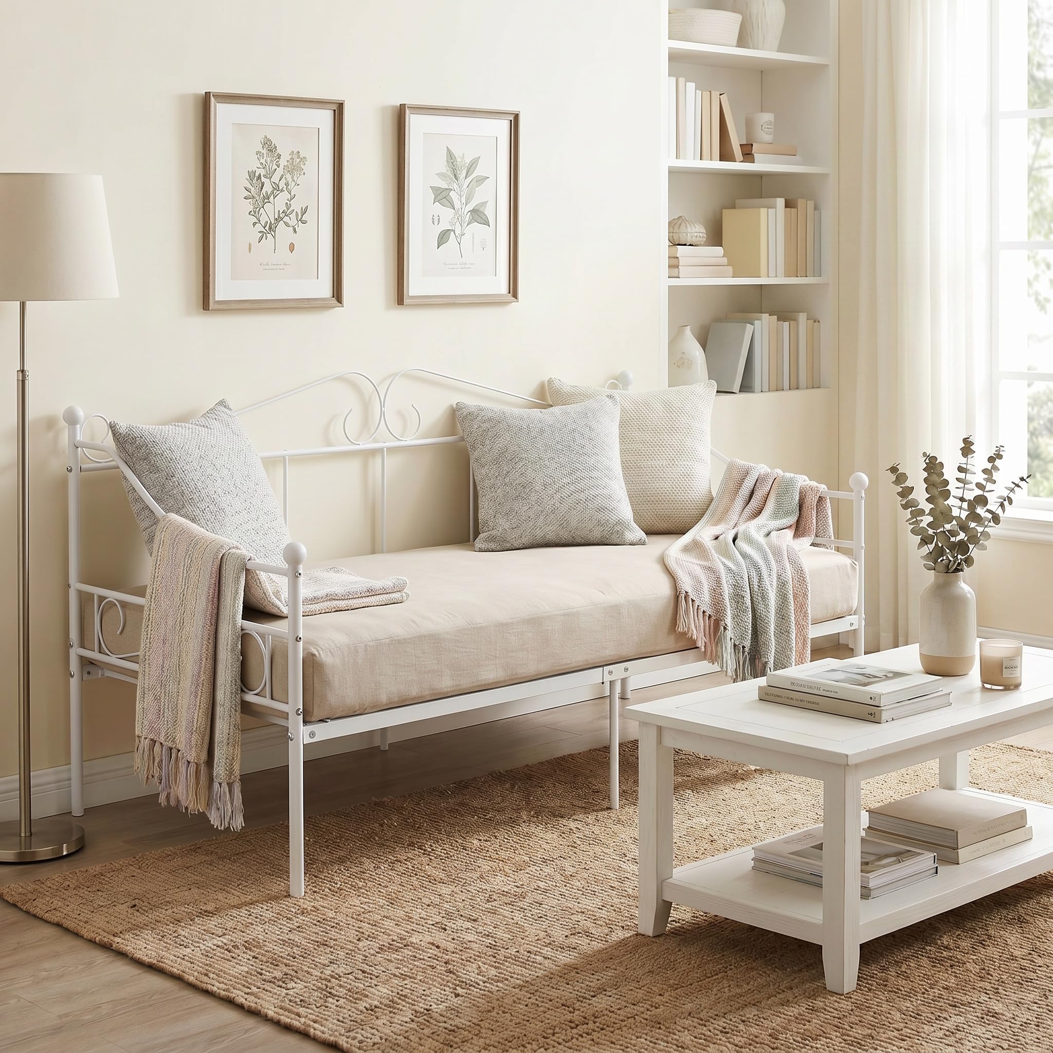 Outdoor Coch Sofa Cama Individual Somier Metal 90x190 Sofa Bed Divan Cama para Colchón de 90x190 cm, Sofá Camas de Hierro Forjado para Dormitorio/Sala Estar/Terraza/Jardín/Blanco/A