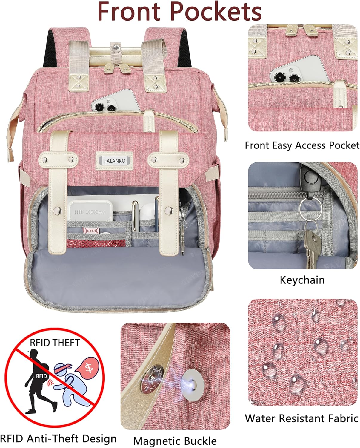 FALANKO Backpack for Women,Wide Open Work Large Student Bookbag for 15.6 Inch Laptop,Doctor Teacher Nurse College School Travel Bag,Water Resistant Laptop Bookbag Computer Back Pack Pink