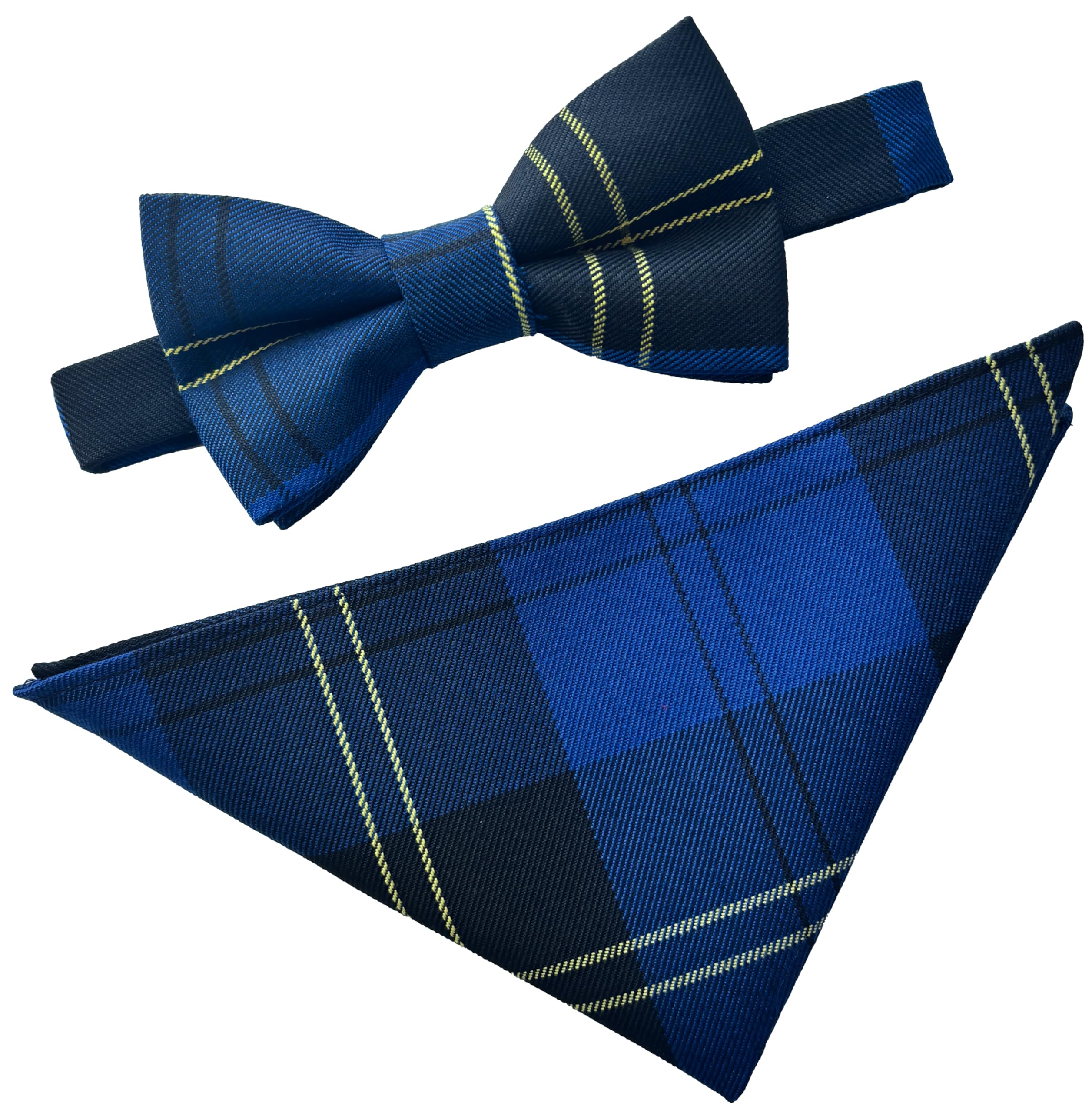Great British Tie Club Men's Blue, Black, Yellow Oakleigh Blue Modern Tartan Scottish Plaid Bow Tie & Hanky Set