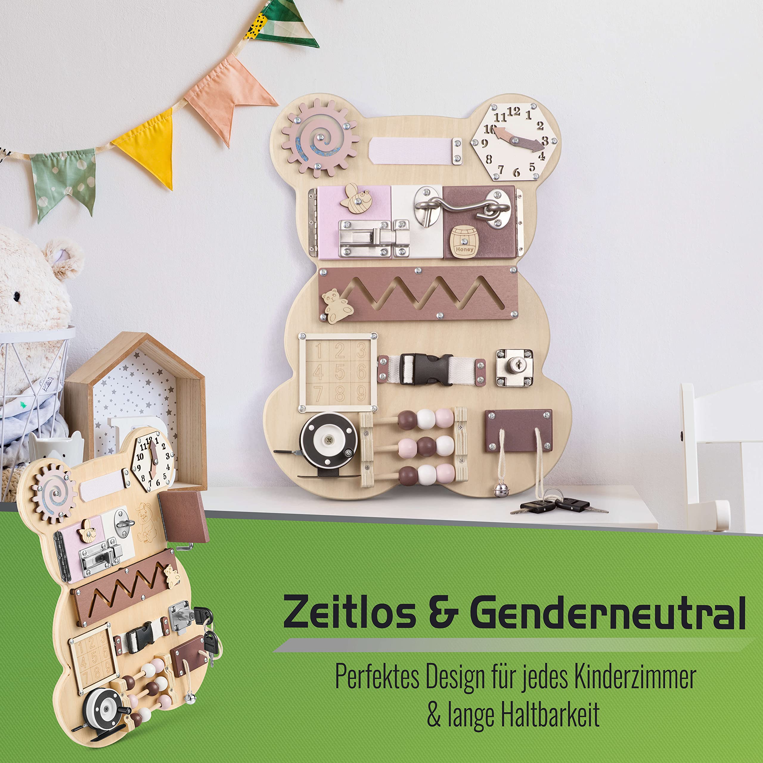 Balinco – Busy Board Holzspielzeug 13-in-1 – Montessori Spielzeug Activity Board – Sensorik- & Lernspielzeug in Bärenform – Interaktives Motorikbrett pädagogisch wertvoll