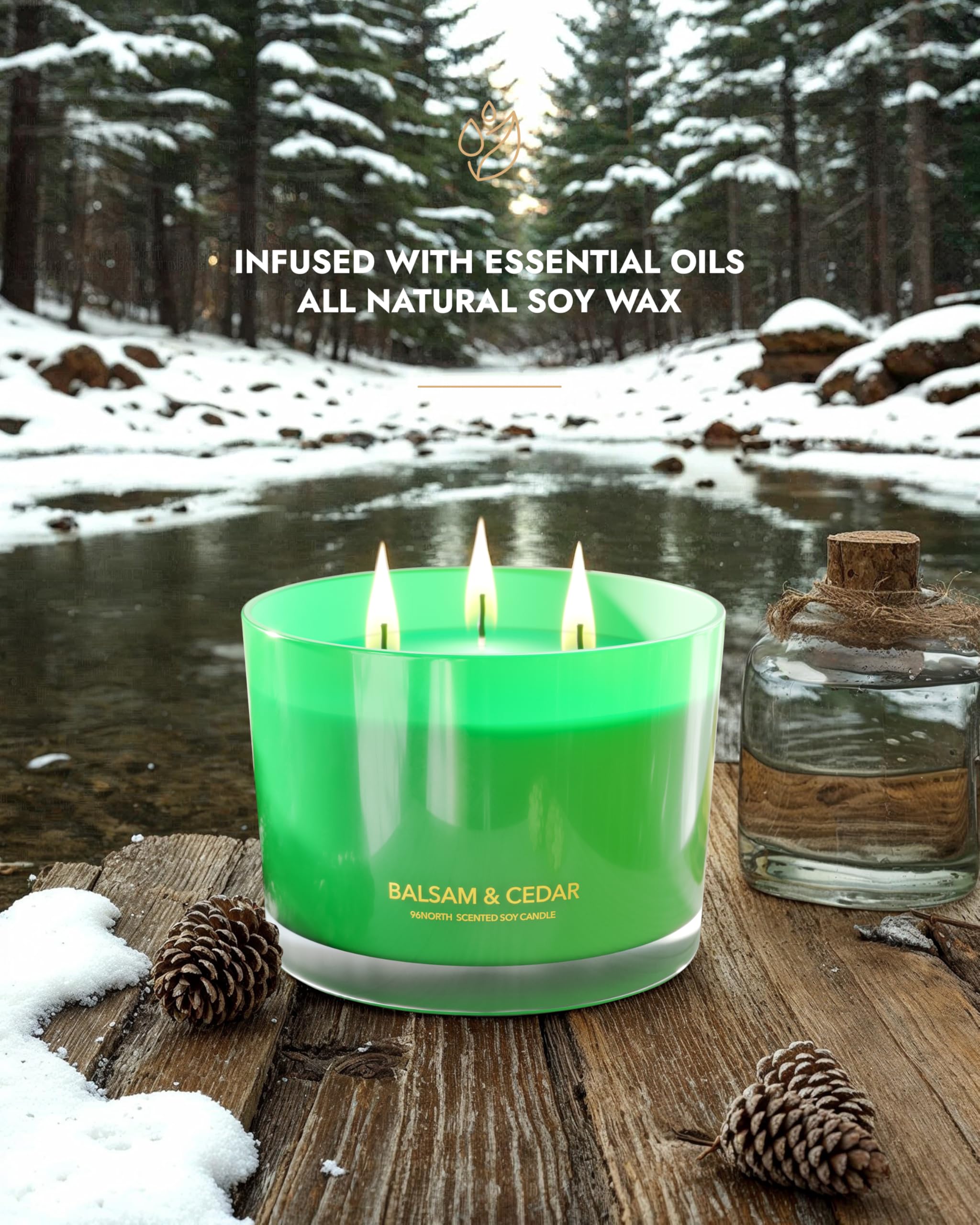 96NORTH Luxuriöse Kerze mit Balsam- und Zedernduft, große Kerze mit 3 Dochten, bis zu 40 Stunden Brenndauer, 100 % natürliches Sojawachs, ideales Weihnachtsgeschenk