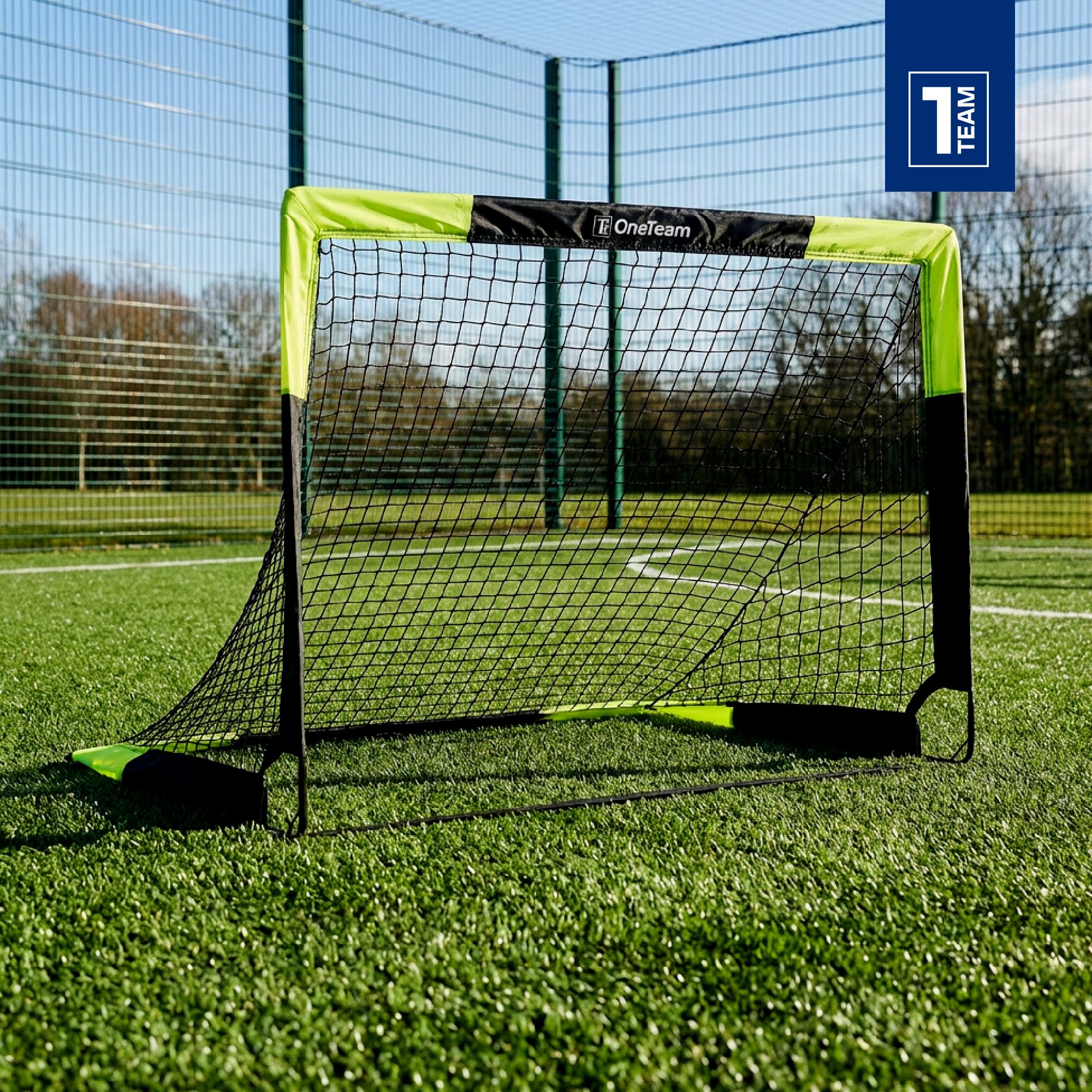 OneTeam Sekundenschneller Aufbau – Pop-Up Fußballtor Goalify – Flexibles Fiberglas – Schwarz – für Garten, Strand und Park