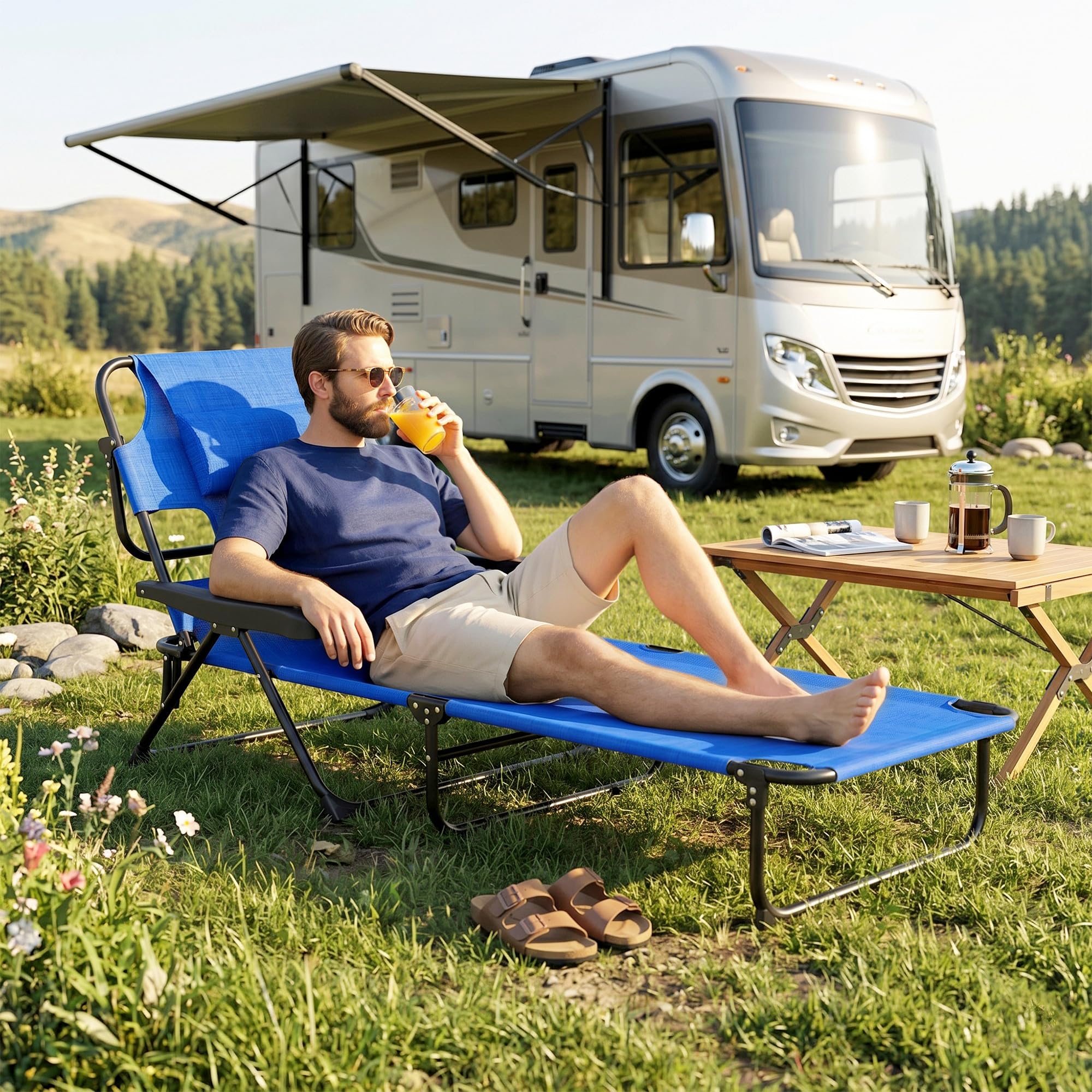 Outsunny Lettino da Sole Schienale Regolabile Sdraio Pieghevole Blu Scuro | a 4 Livelli, con Cuscino, Foro per il Viso, Tessuto Traspirante, Struttura in Acciaio