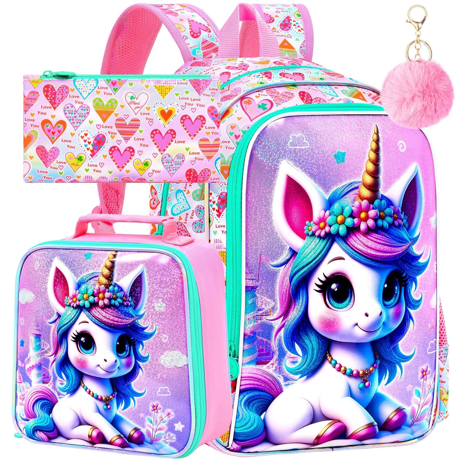 WZLVO 3PCS Kids Backpack for Girls, Unicorn Dinosaur Animal Prechool Elementary Kindergarten School Bookbag with Lunch Box