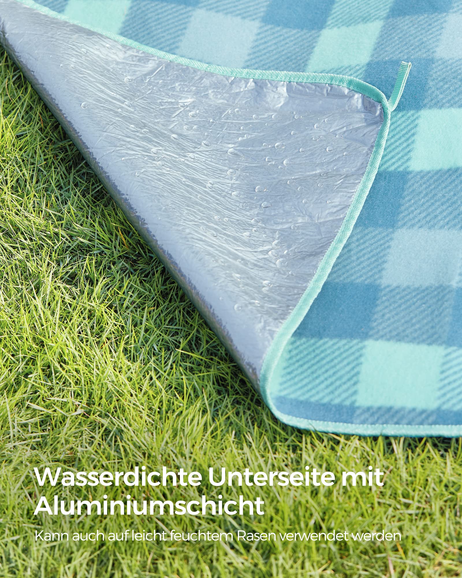 SONGMICS Picknickdecke, 200 x 200 cm, mit 4 Erdankern, groß, Campingdecke, für Park, Garten, Strand, wasserdicht, faltbar, grün-blau GCM011Q02