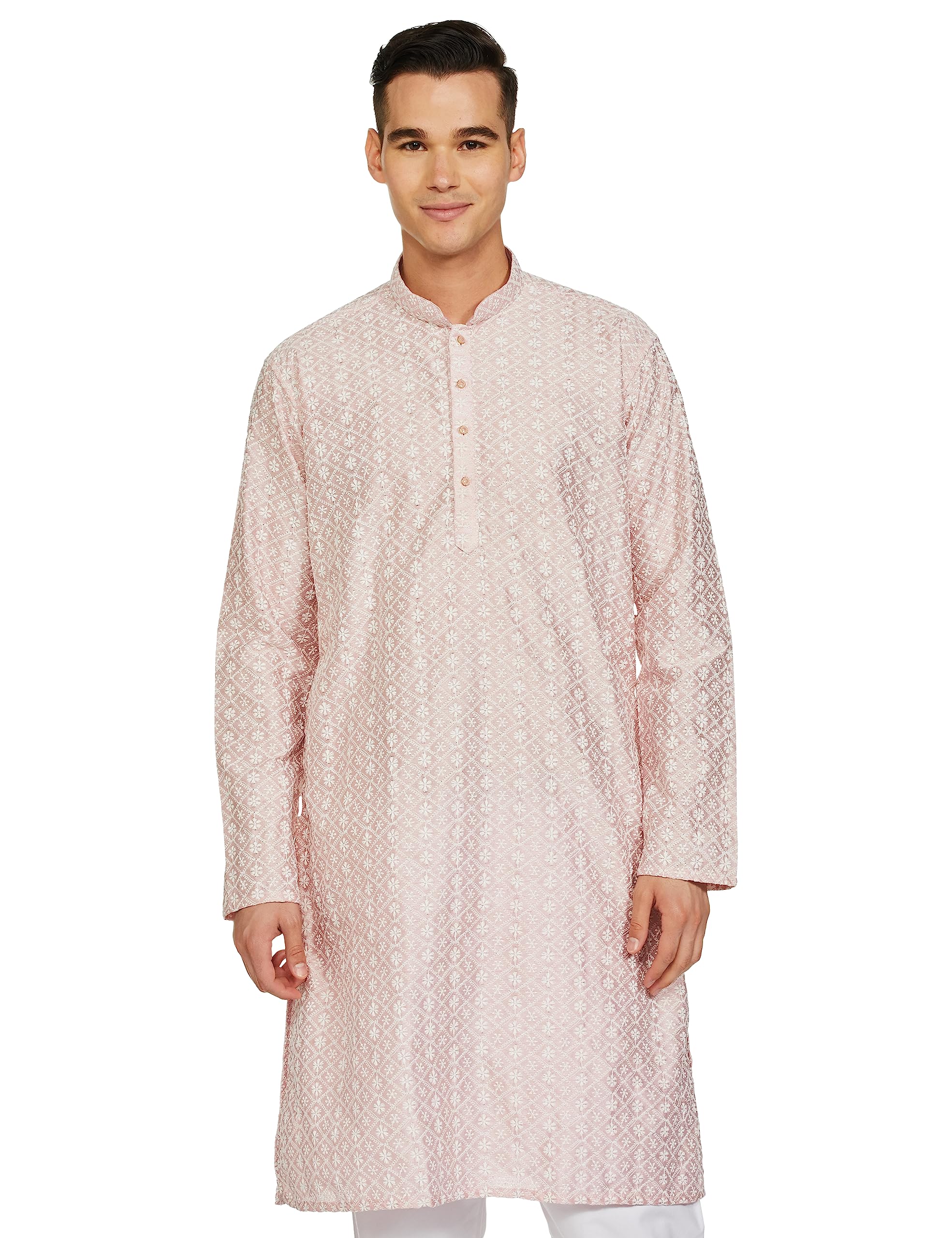 Be Active Men's Traditional Embroidered Lucknowi Full Sleeves Kurta || Cotton Kurta For Men || Men Kurta For Wedding || Kurta For Men (Rfsk0013-Kr 7 M) Dusty Pink