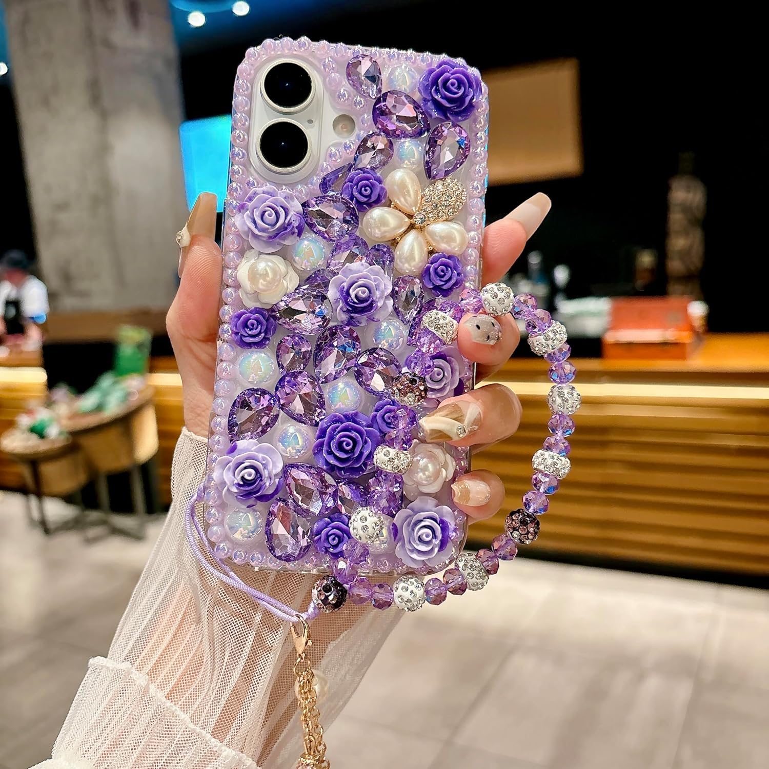 for iPhone 16 Case,Cute Bling Glitter Sparkle Stunning Stones Diamond Rhinestone 3D Handmade Pearl Rose Flower with Wrist Lanyard for Women Girly for iPhone 16 (Pink) - Image 7