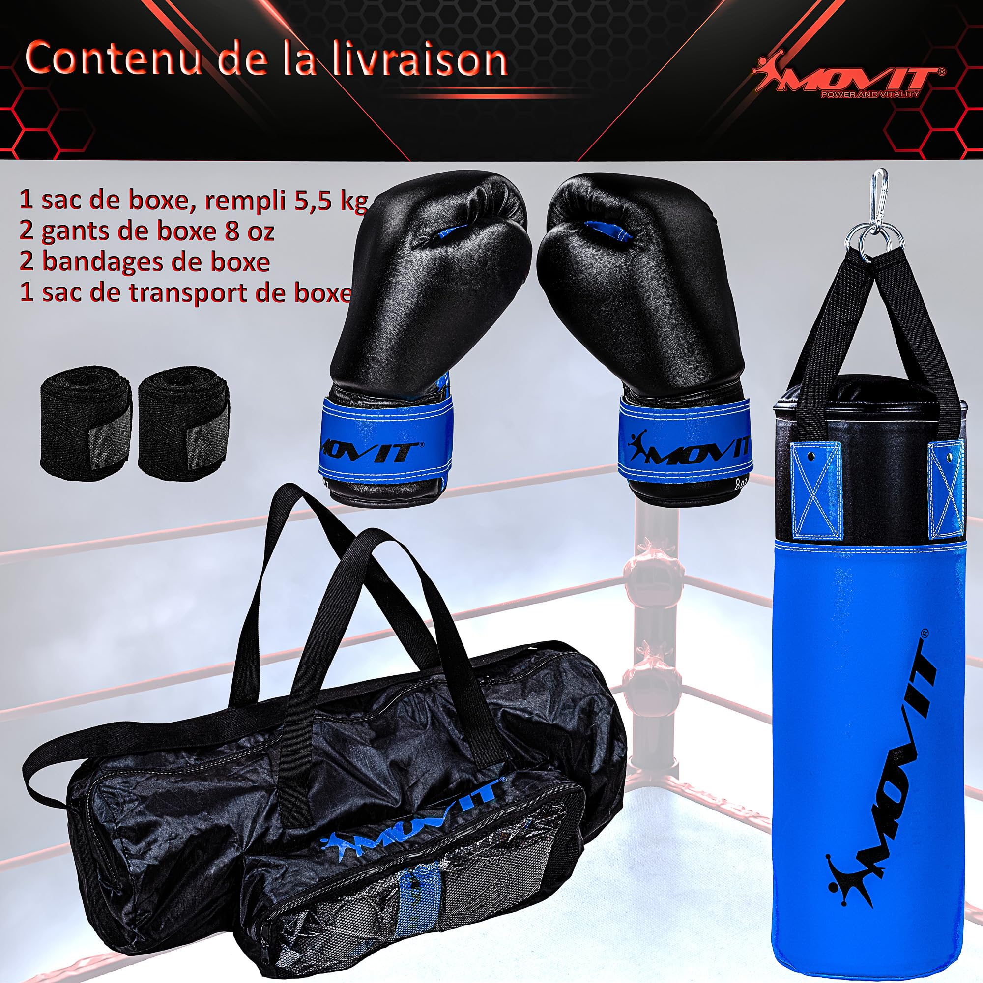 MOVIT Set de Sac de Boxe 5,5kg, rempli, y Compris Sac de Boxe, (Hauteur 60cm x diamètre 20cm), Gants de Boxe 8 oz, Bandages de Boxe et Sac, pour Enfants et Adolescents, Boxing Boxing, Rouge ou Bleu