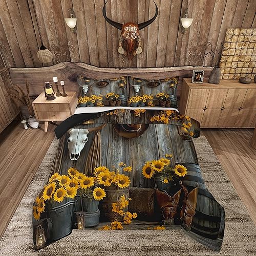 Feelyou Brown Western Aztec Comforter Set Queen Size Kids Bull Skull Duvet Quilt
