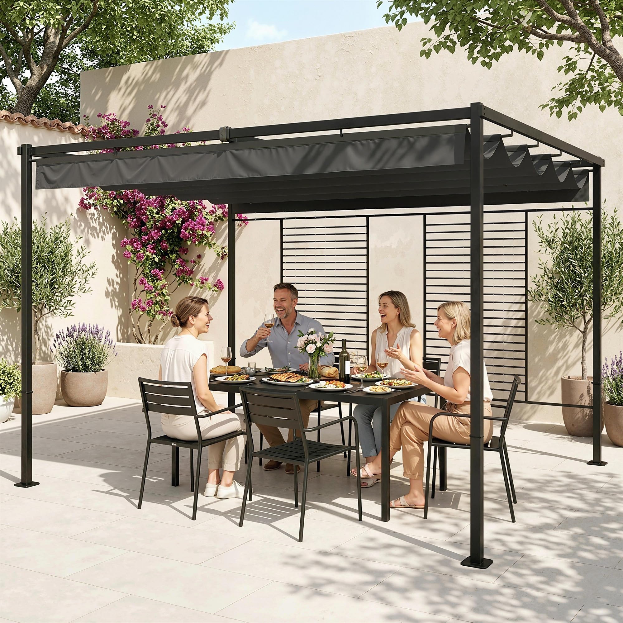 Outsunny Pérgola de Jardín 4x3 m con Techo Retráctil y 2 Paneles de Privacidad Fijos, Cenador de Jardín con Protección UPF50+, Drenaje, Estructura Metálica, Pabellón para Exterior, Gris Oscuro