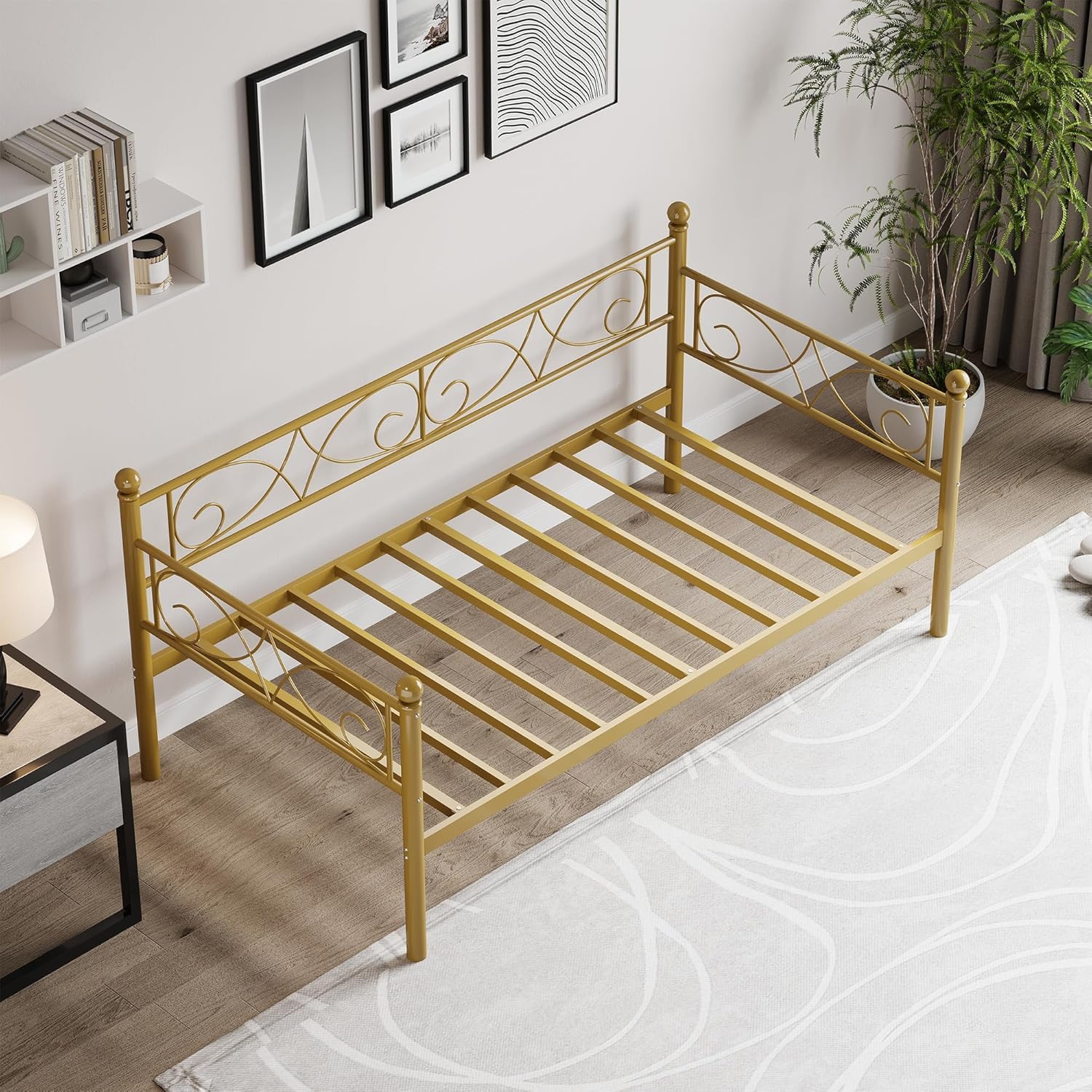 GarveeHome Gold Daybed, Twin Size Metal Day Bed with Floral Headboard, Modern Metal Sofa Bed Frame, Heavy Duty Steel Slats Supports, for Living Room, Guest Room