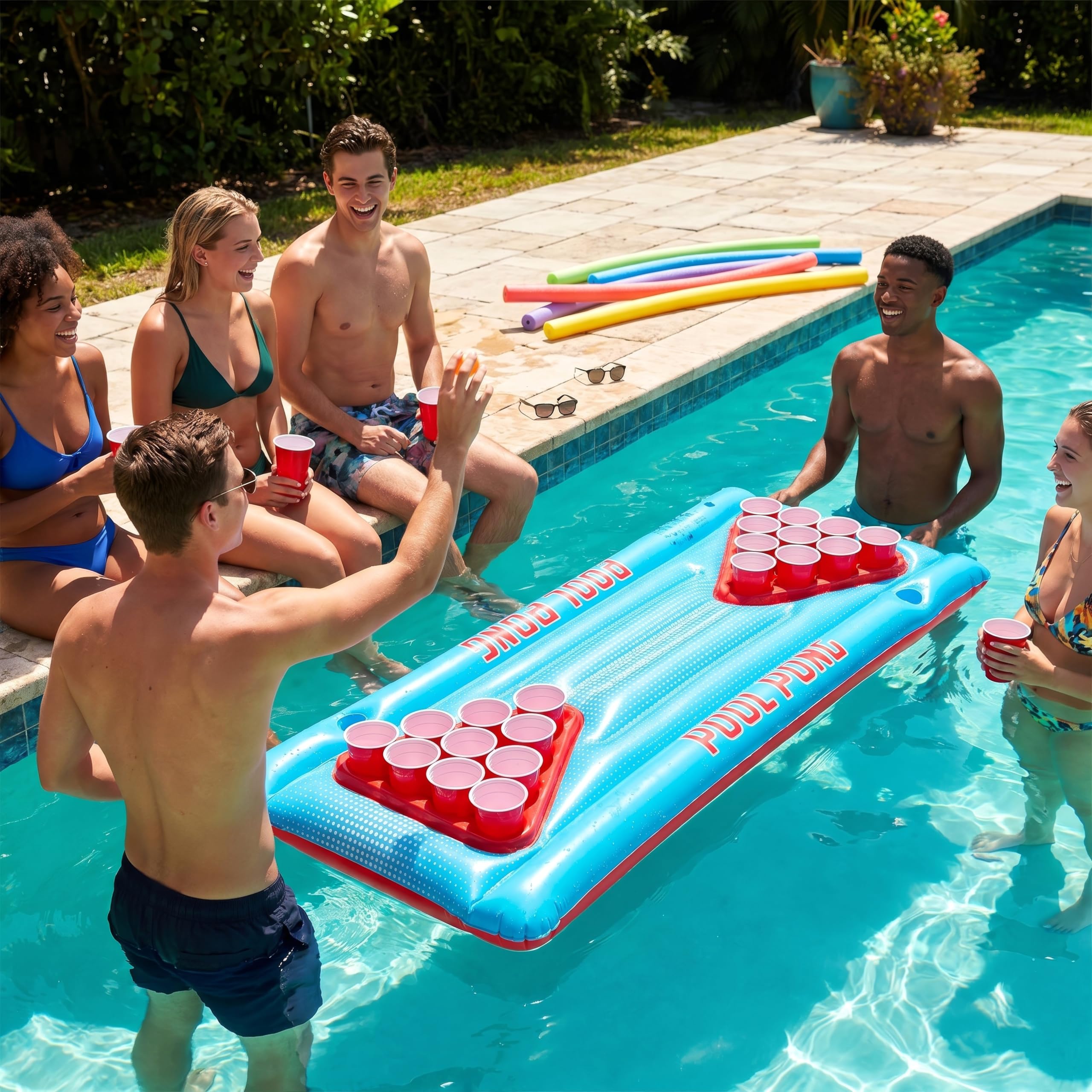 Henbrandt Table gonflable de bière-pong - 166 cm x 77 cm - Jeu flottant pour fête d'anniversaire, enterrement de vie de jeune fille, enterrement de vie de jeune fille, amusement d'été, radeau aérien