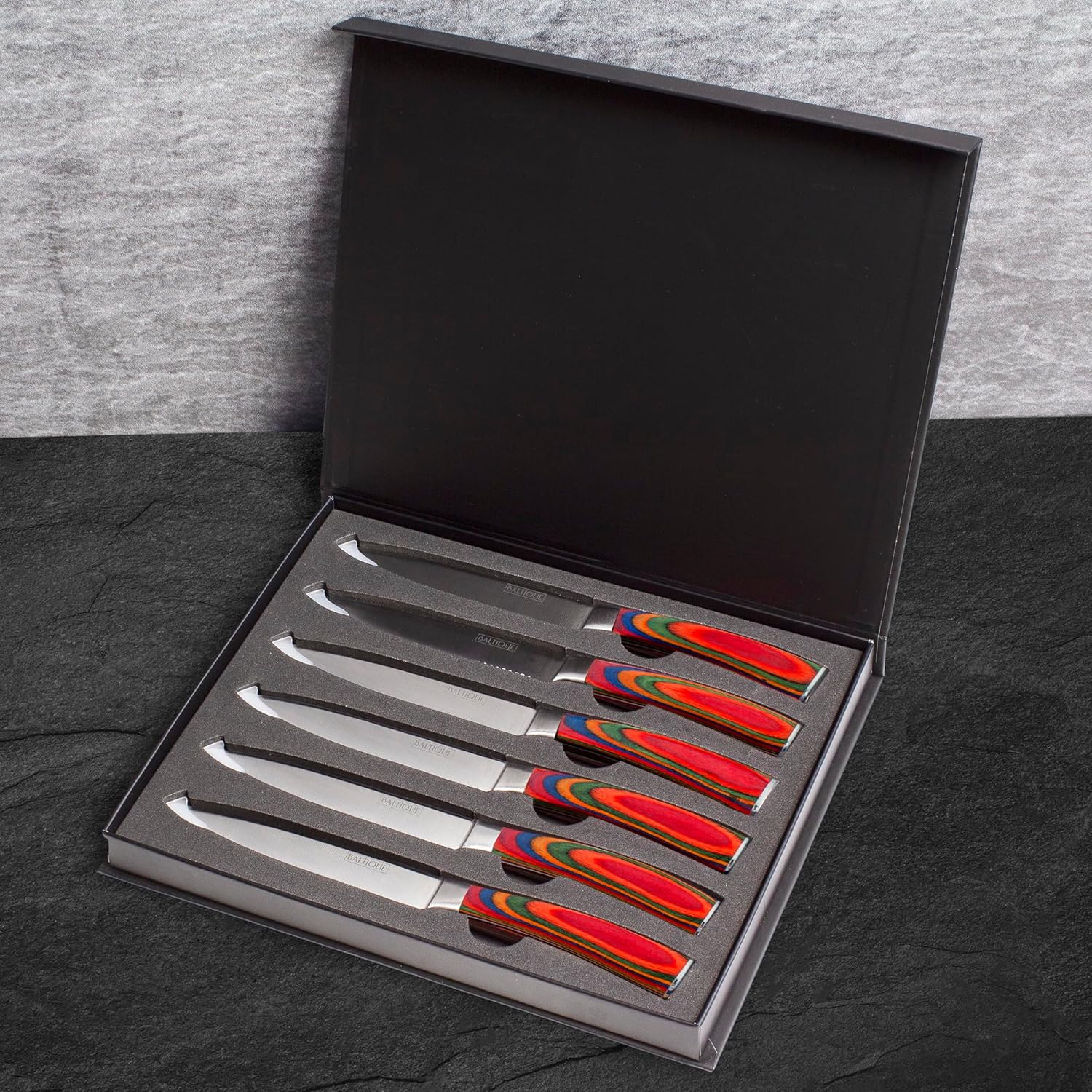Totally Bamboo Baltique Marrakesh Collection Kitchen Steak Knives Set of 6, 5-Inch Stainless Steel Serrated Knife Set with Colorful Wooden Handles for Cutting Meat