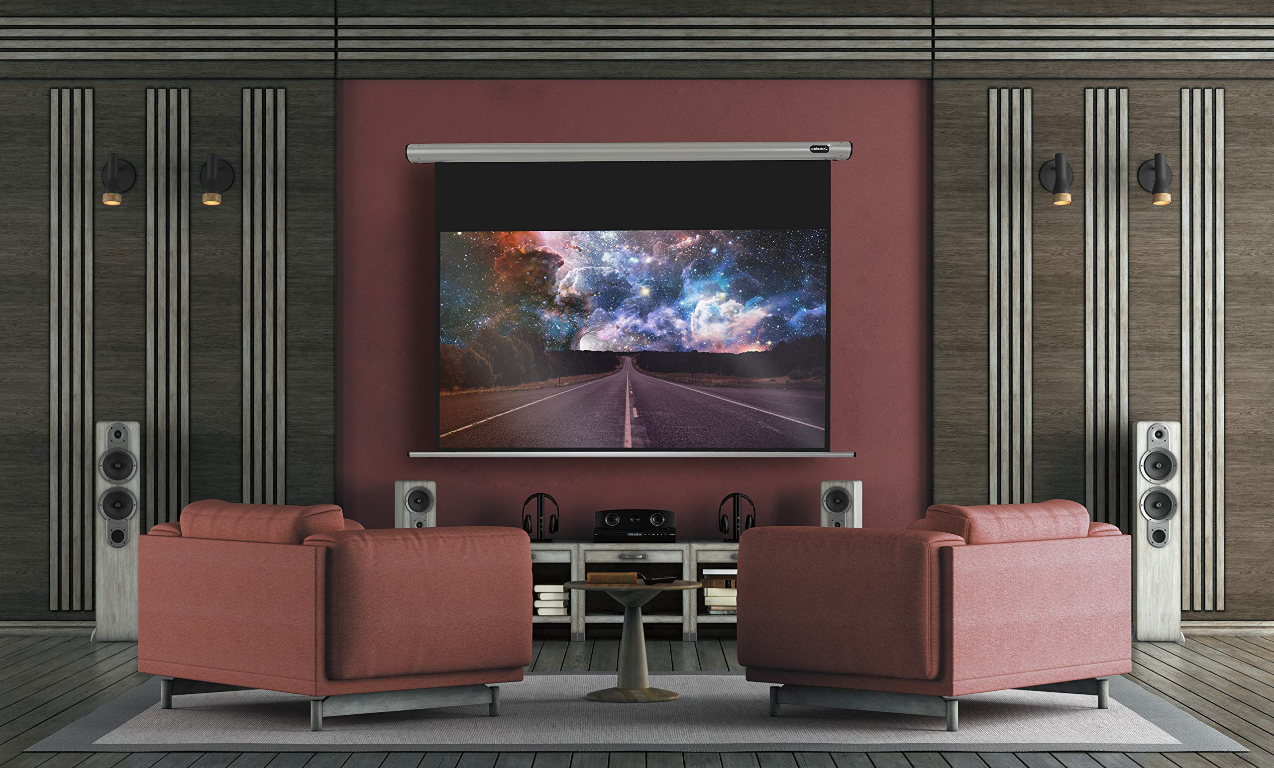 celexon HomeCinema Motor-Leinwand 100" | 220x124 cm 16:9 | elektrische 4K, Full-HD Beamerleinwand für Heimkino-Projektionen & Büro-Präsentationen | geeigent zur Decken- & Wand-Montage