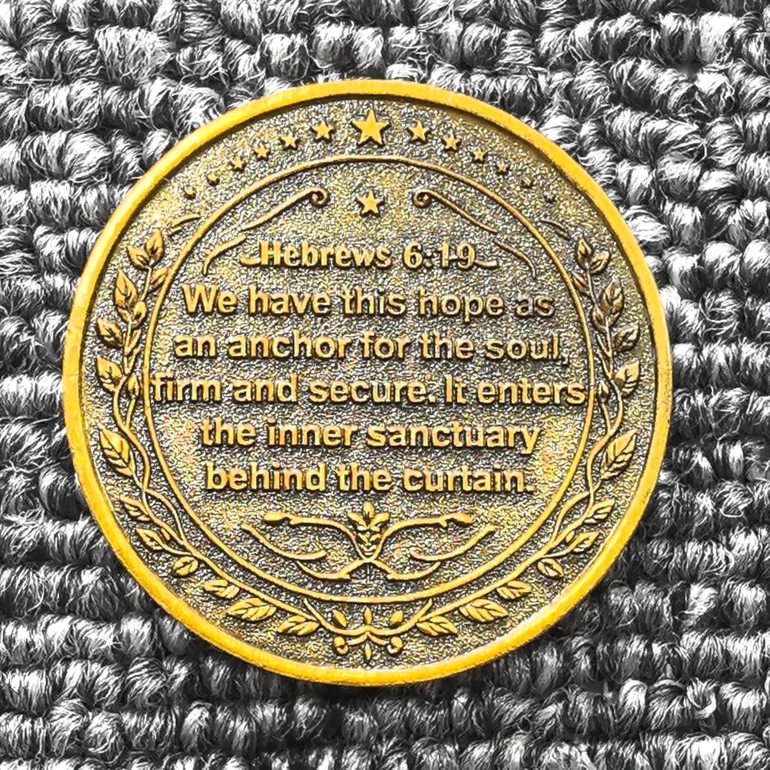 Anchored in Christ Christian Challenge Coin with Hebrews 6:19 Scripture