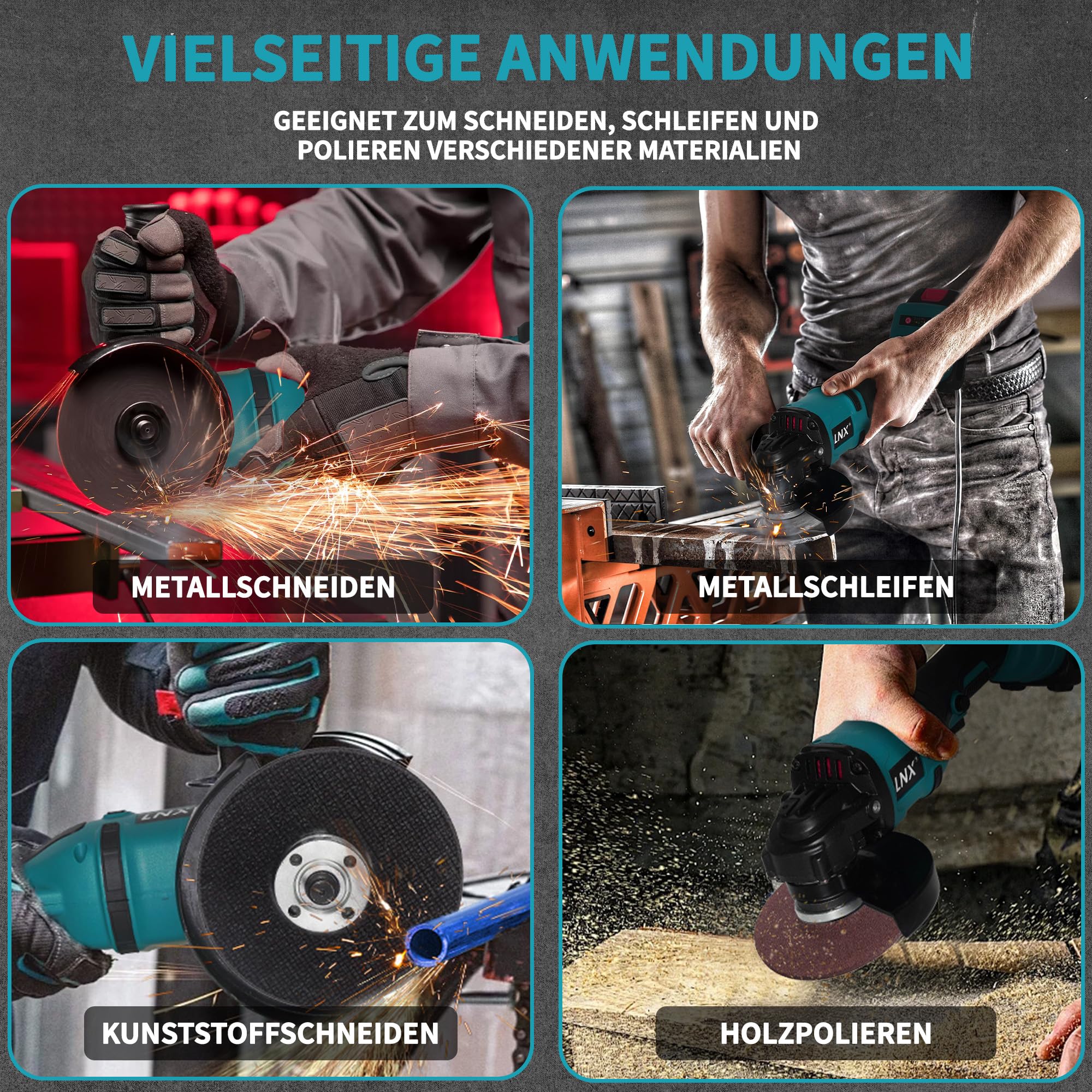 Akku-Winkelschleifer 125 mm, Akku Flex für Makita LXT-18V Akku, 8500U/min, 3 Geschwindigkeiten, Akku-Schleifer mit Rutschfester Griff, zum Schleifen, Schneiden und Polieren (Ohne Akku)