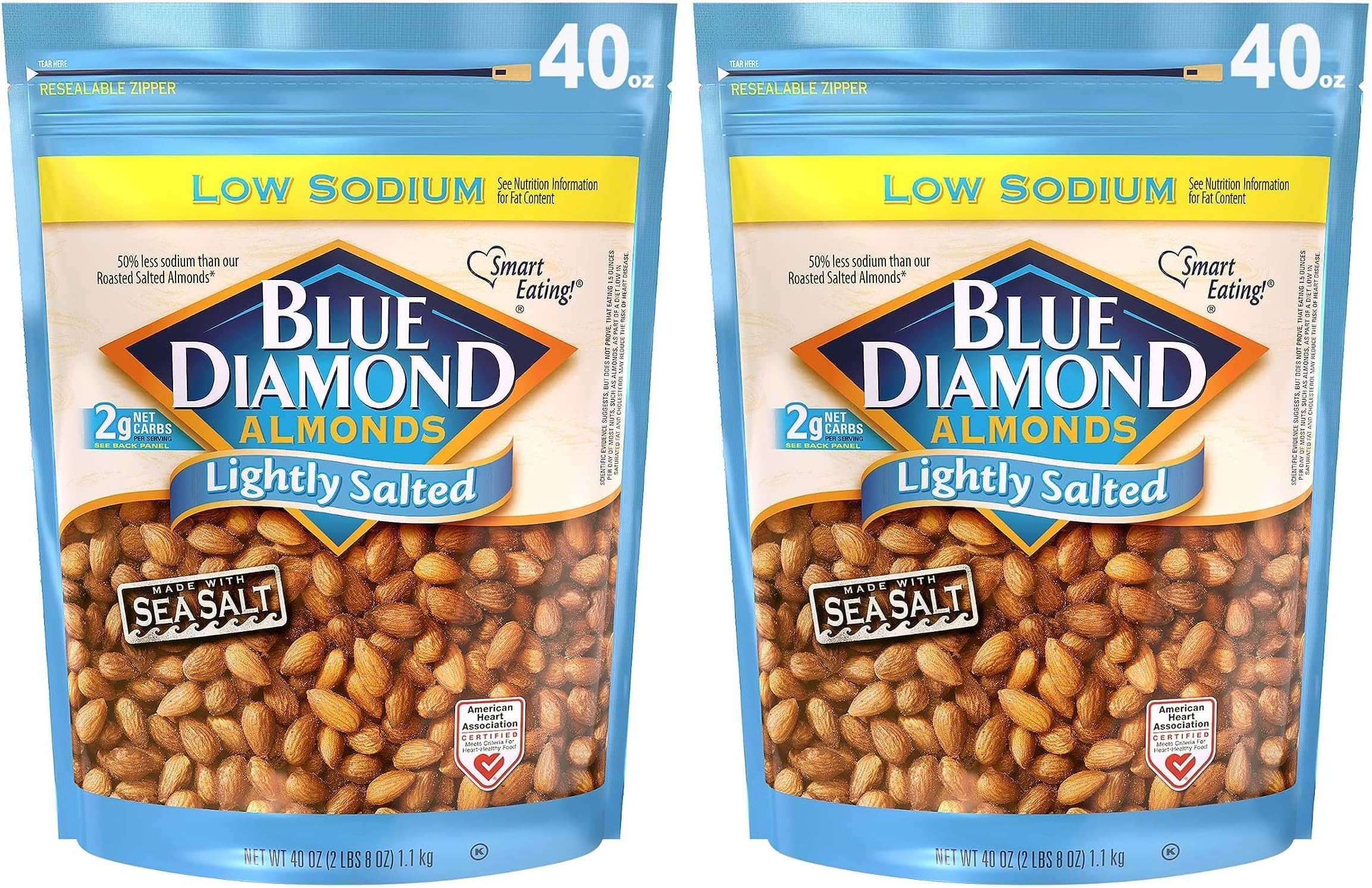 Blue Diamond Almonds Low Sodium Lightly Salted Snack Nuts, 40 Oz Resealable Bag (Pack of 2)
