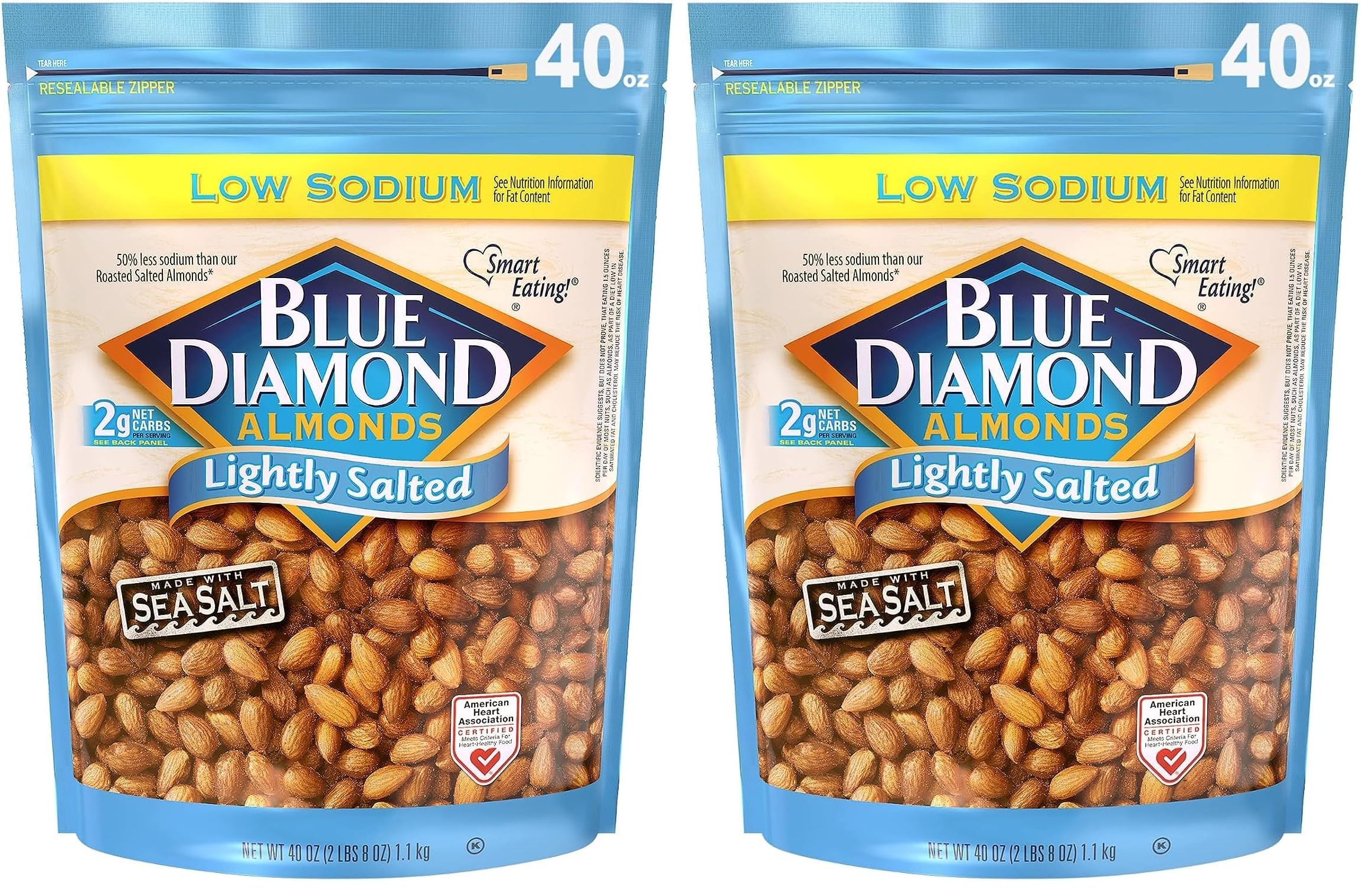 Blue Diamond Almonds Low Sodium Lightly Salted Snack Nuts, 40 Oz Resealable Bag (Pack of 2)
