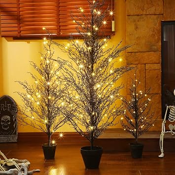 Giegxin Set of 3 Black Halloween Tree 4FT 3FT 2FT Realistic Artificial Pre-Lit Twig Birch Tree with Lights Gothic Light up Black Twig for Indoor and Outdoor Porch Fall Decor