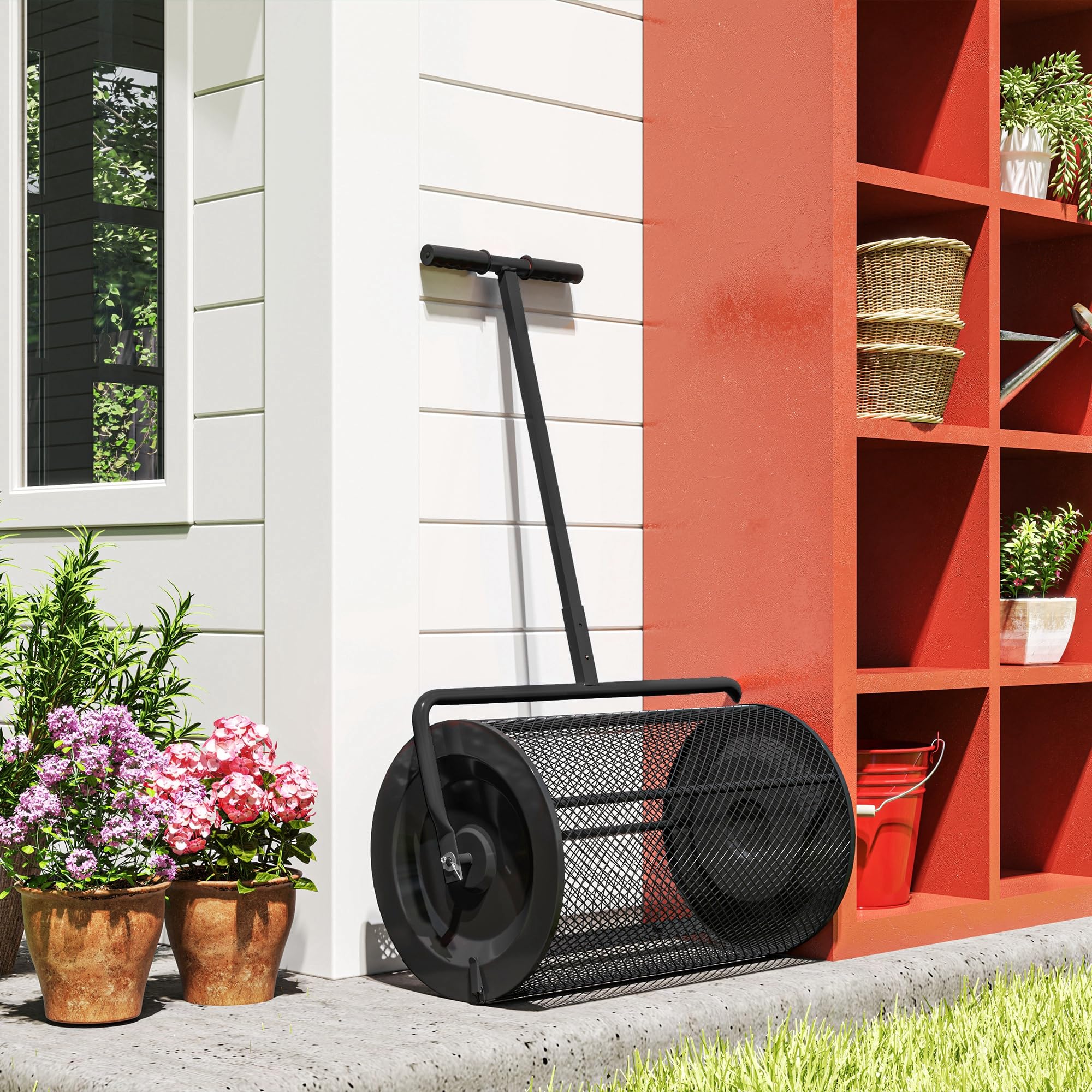 Outsunny Esparcidor de Compost 75L 70x40x112 cm Esparcidor de Abono para Césped con Asa Ajustable Cesto de Malla Metálica para Cuidado de Césped Jardín Negro