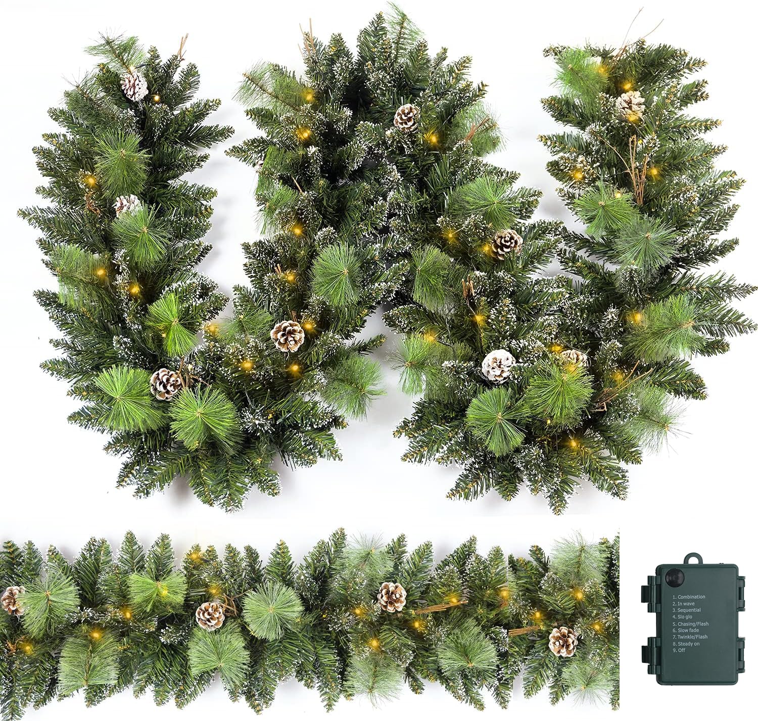HomeKaren Ghirlanda natalizia preilluminata da 2,8 m con 50 luci a LED, pigna e neve, decorazione natalizia a batteria, per scale a mantello, interni ed esterni