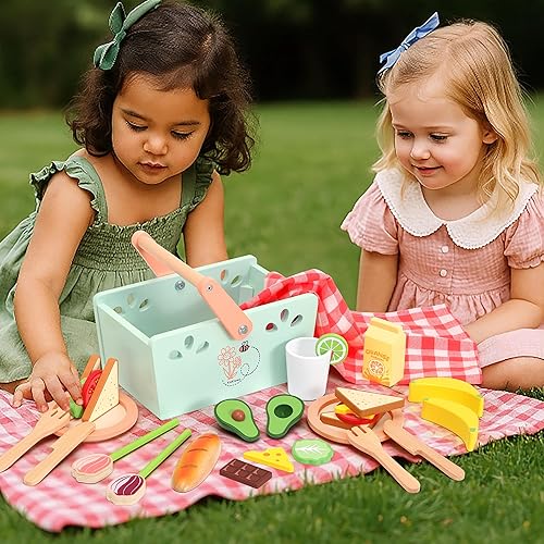 Miniatura 2 de Juego de madera de pícnic, 31 piezas, juegos de comida de madera para jugar, sándwich, juguetes apilables para niños, juegos de simulación, juguetes