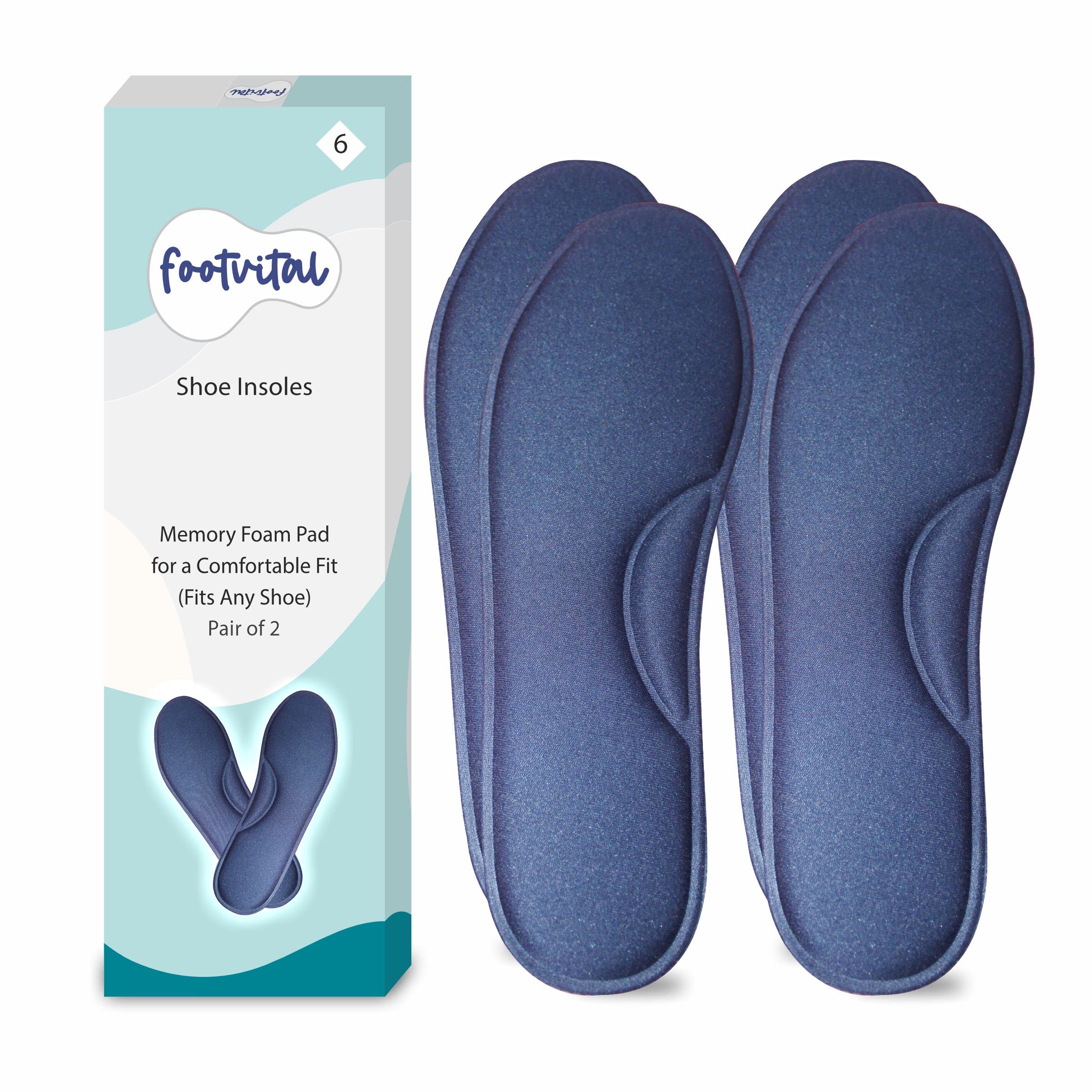 Footvital Memory Foam Shoe Insoles Comfortable Insoles Supports Heel & Arch Absorbs Foot Sweat & Moisture Ultra Soft Cushioned Lightweight Durable Washable Pads for Men & Women Blue (2 Pair)(Size-6) (B0BPDW959R) Amazon Price History, Amazon Price Tracker