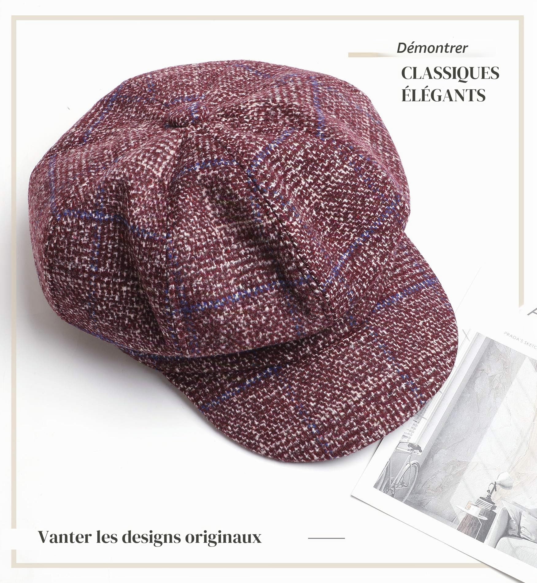 Superora Béret Bonnet Retro Plaid Automne Hiver pour Femme
