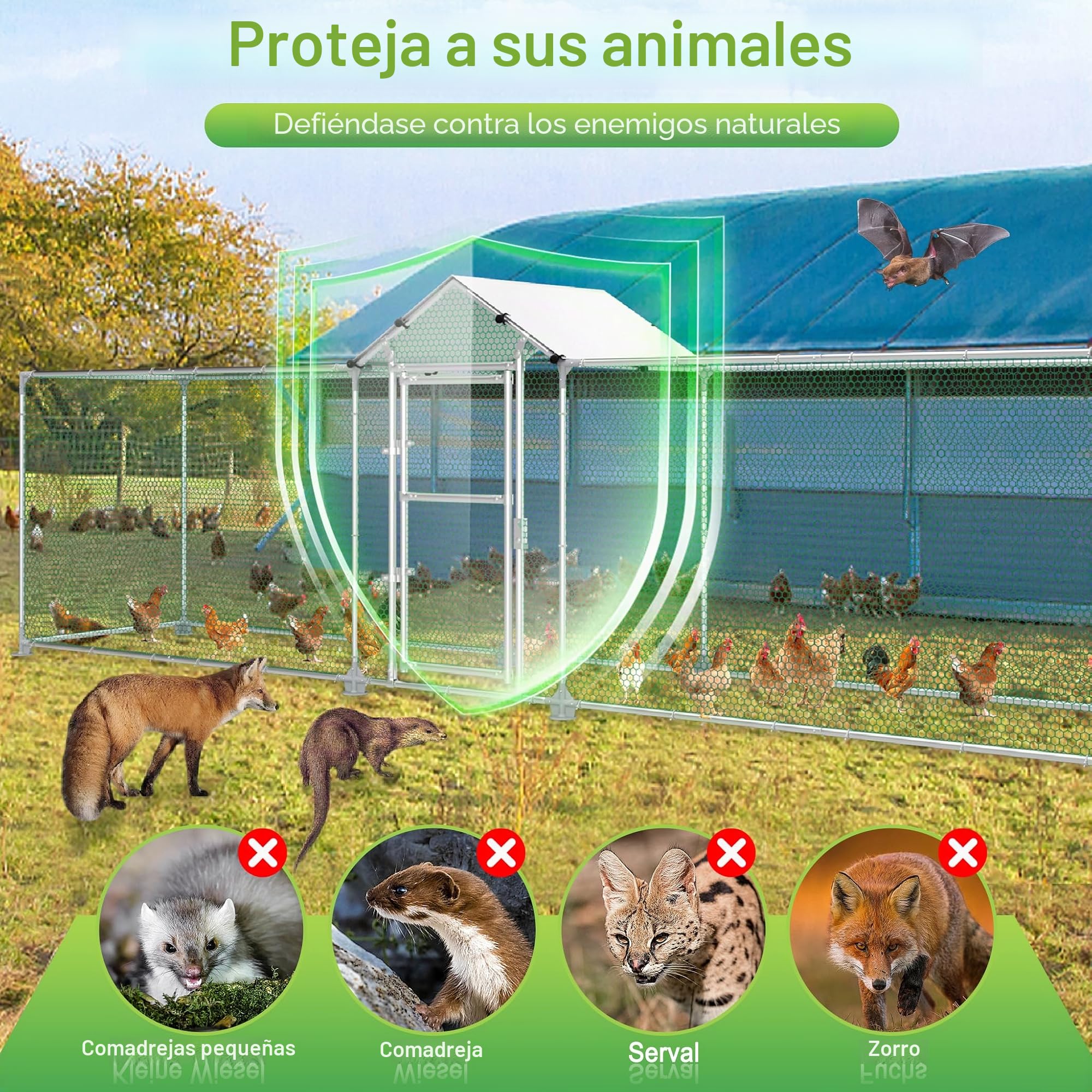 UISEBRT Gallinero para gallineros, 4 x 1 x 1,5 m, estructura de acero galvanizado, con cerradura para gallinas, animales pequeños