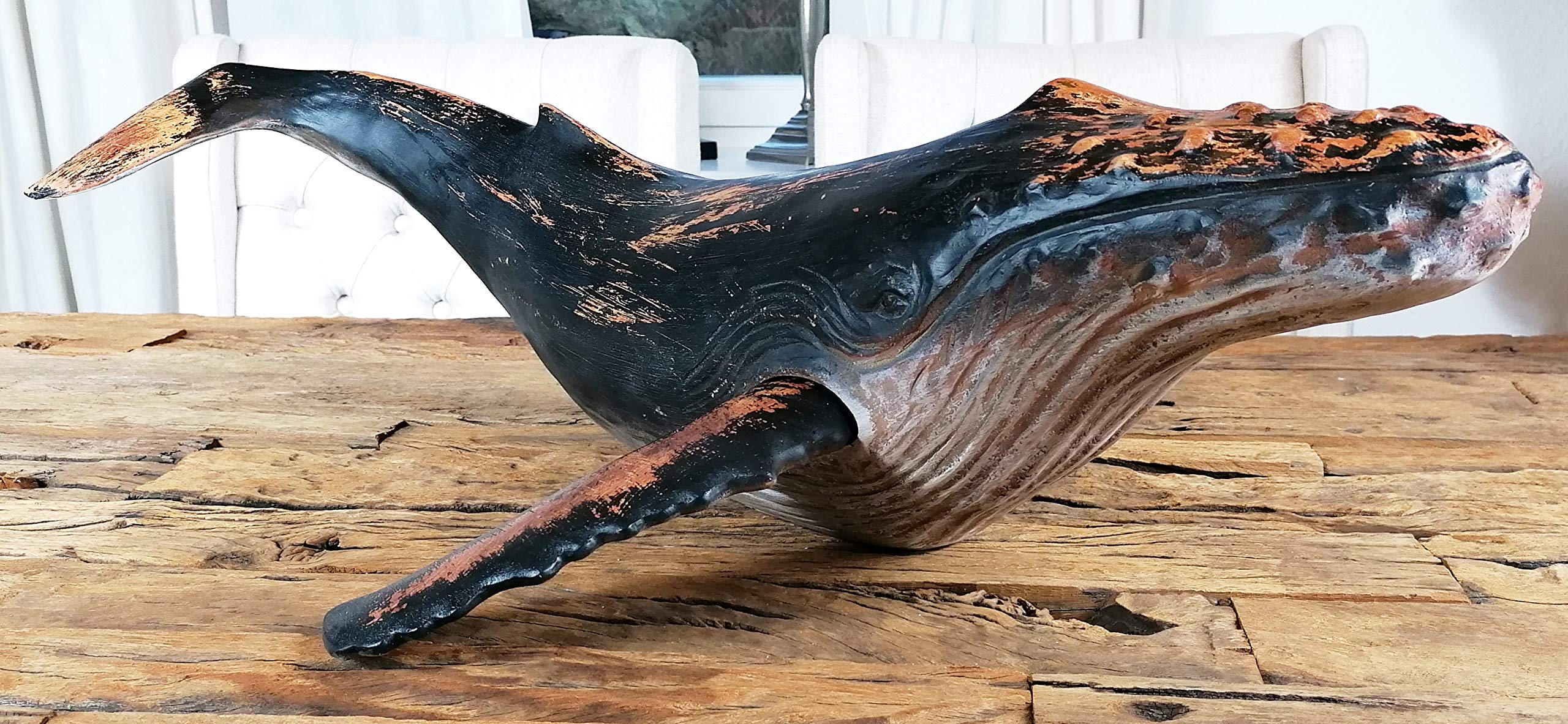 MichaelNoll Wal Walfisch Fisch Dekofigur Skulptur Statue Polyresin Modern - Maritime Deko für Wohnung in Holz-Optik - Dekoration für Wohnzimmer, Schlafzimmer oder Badezimmer - XXL 87,5x52x22,9 cm