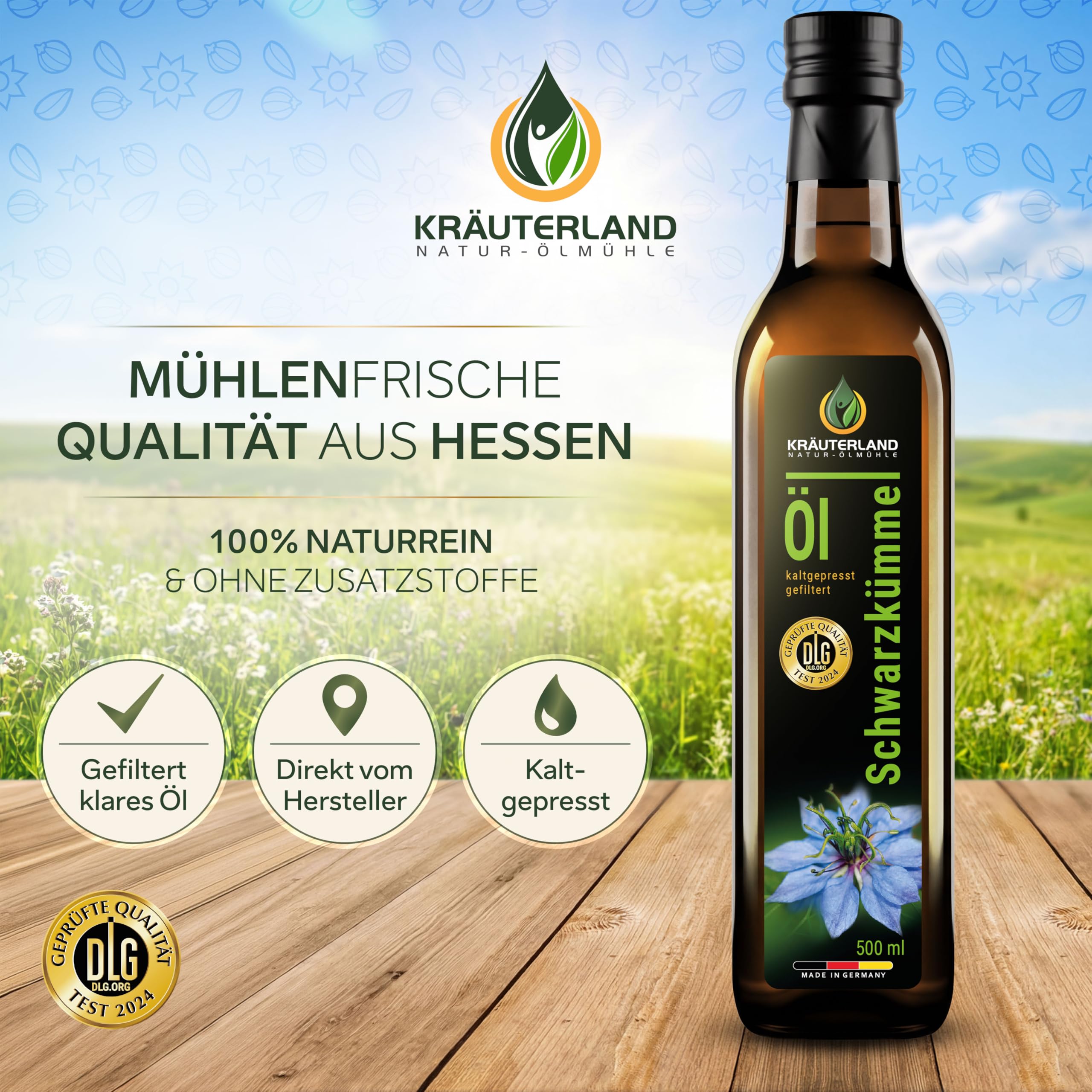 Kräuterland Schwarzkümmelöl 2X500ml (1Liter), gefiltert, naturrein ohne Zusatzstoffe, hoher Thymochinon, kaltgepresst, vegan, mild, glasflasche, mühlenfrisch direkt aus unsrer hessischen Ölmühle