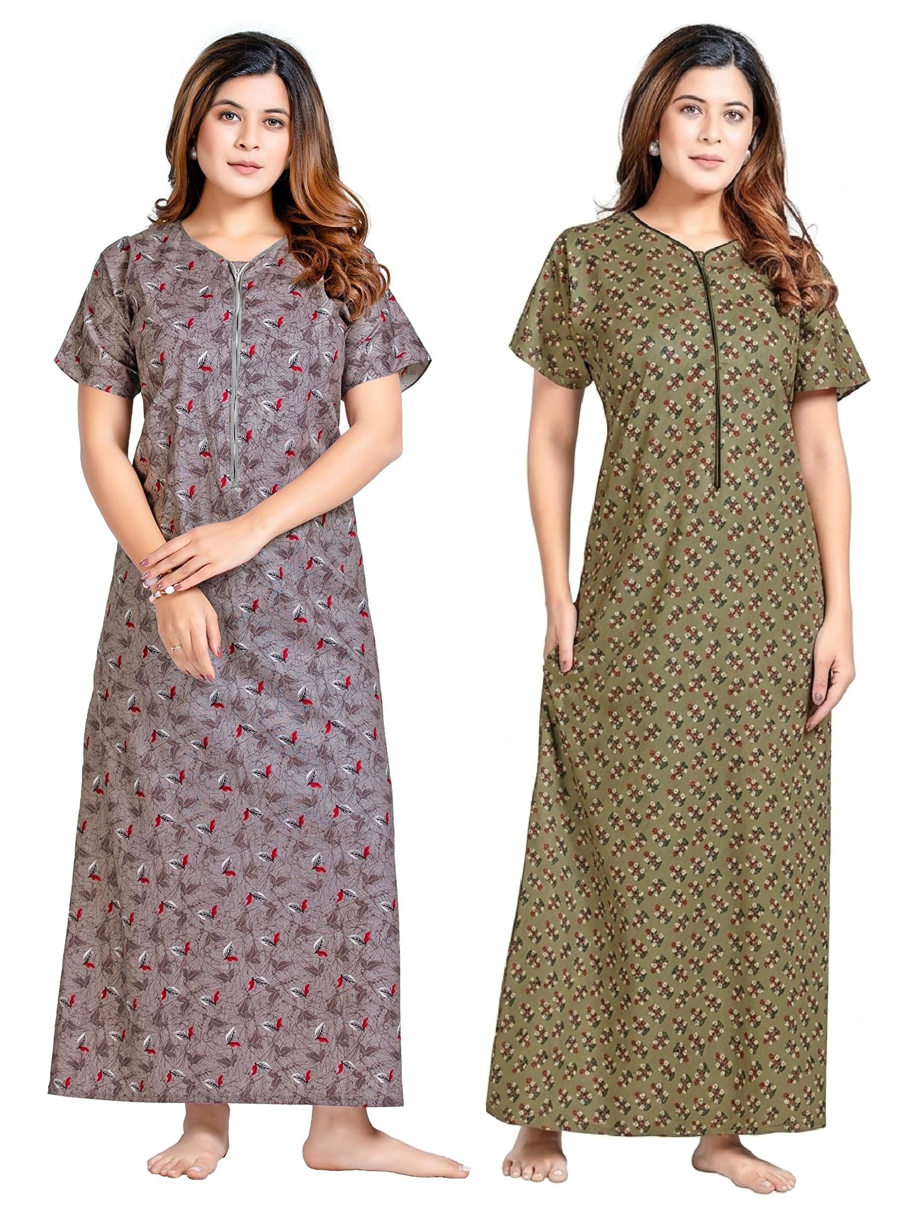Women's Cotton Printed Nighty Night Gown Maxi Free Size (Pack of 2)-image-33