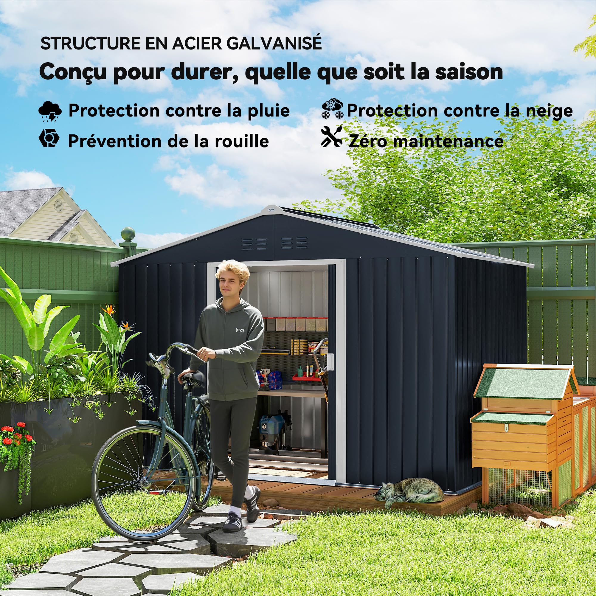 Outsunny Abri de Jardin en Acier galvanisé XXL 5,4 m² avec kit de Fondation 277x195x192cm, cabane de Jardin Toit en Fibre de Verre, cabanon Rangement Outils Portes coulissantes 4 aérations Gris foncé