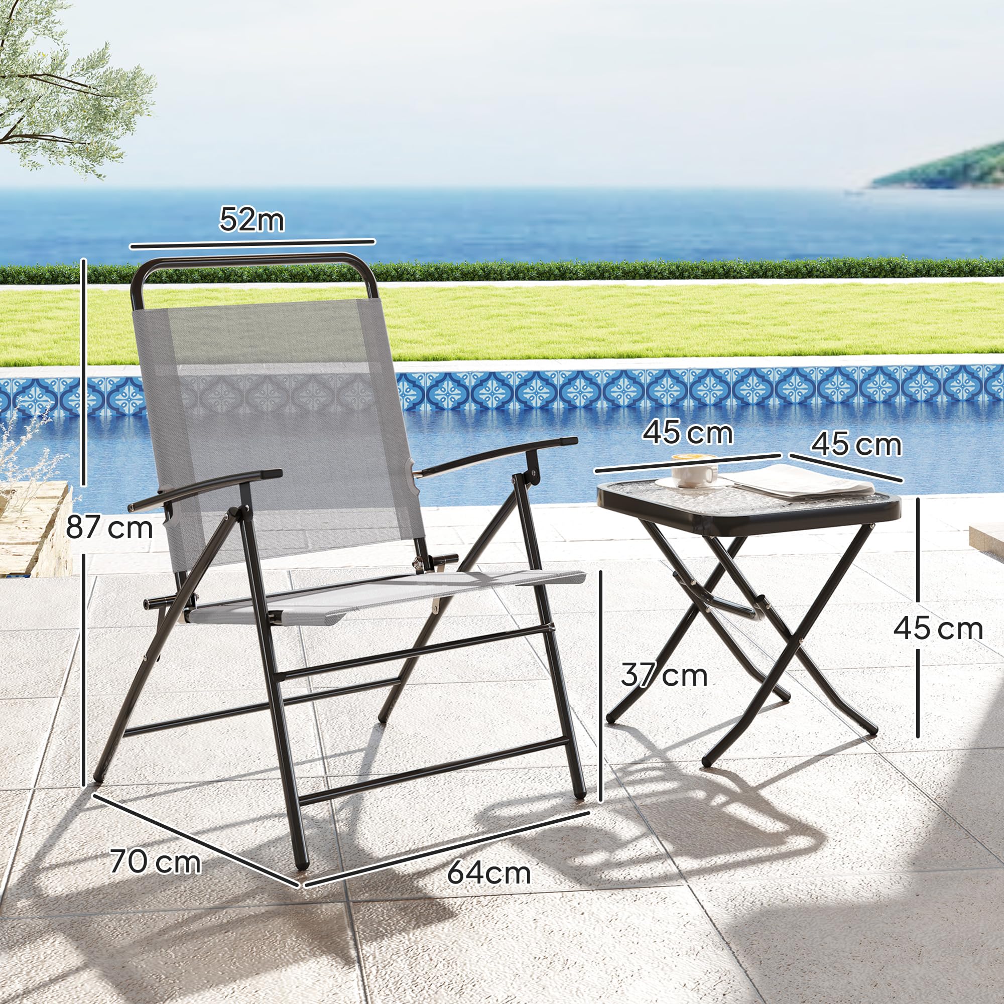 Outsunny Set da Giardino 3 Pezzi con Sedie Pieghevoli e Tavolo in Acciaio e Vetro Grigio