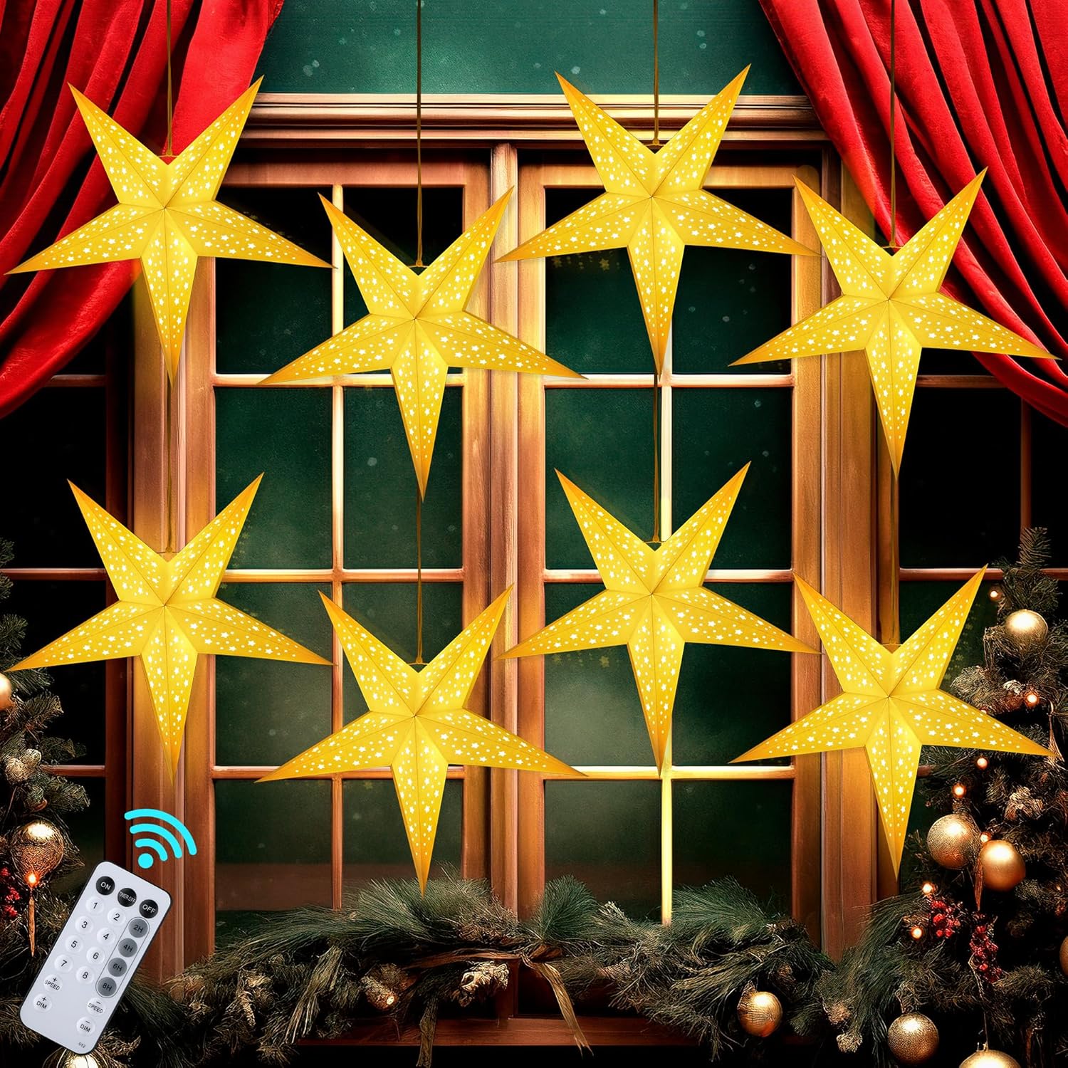 Hiboom 8 Pack Paper Star Lantern 24 Inch, 8 Mode 50 LEDs Firework Fairy String Lights, Five Pointed Light up Hollow Out Star Hanging Decoration for Indoor Outdoor Room Wedding Christmas Party