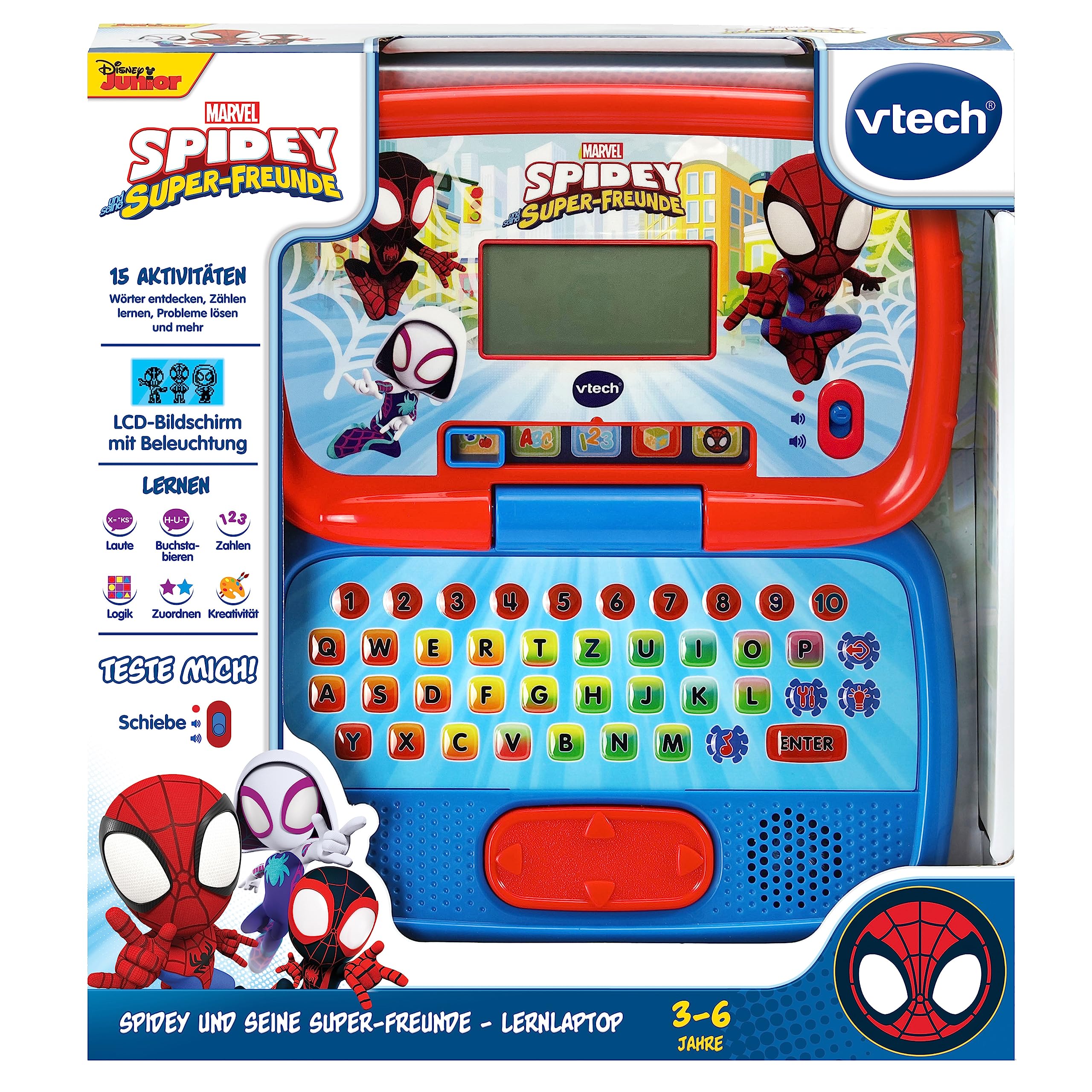 VTech Spidey und seine Super-Freunde – laptop do nauki – komputer edukacyjny z klawiaturą QWERTZ i treścią do liter, dźwięków liter, łatwe dodawanie i odejmowanie itp. – dla dzieci w wieku 3-6 lat