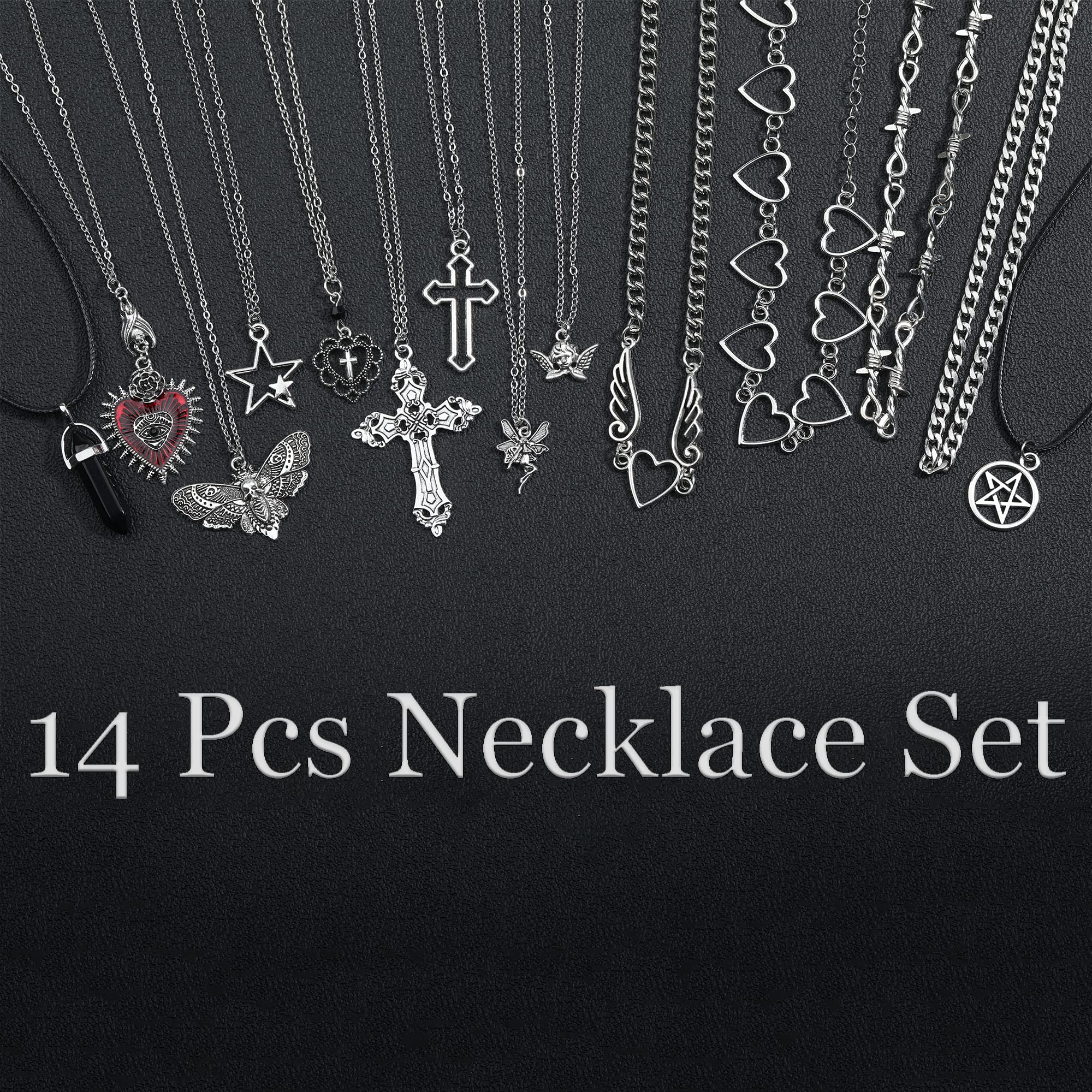 Juego de 14 piezas de collar gótico grunge Y2k Grunge joyería gótica cruz Y2k estrella Emo accesorios Y2K conjunto de joyas para mujeres y hombres, Zinc, Sin piedra preciosa 2