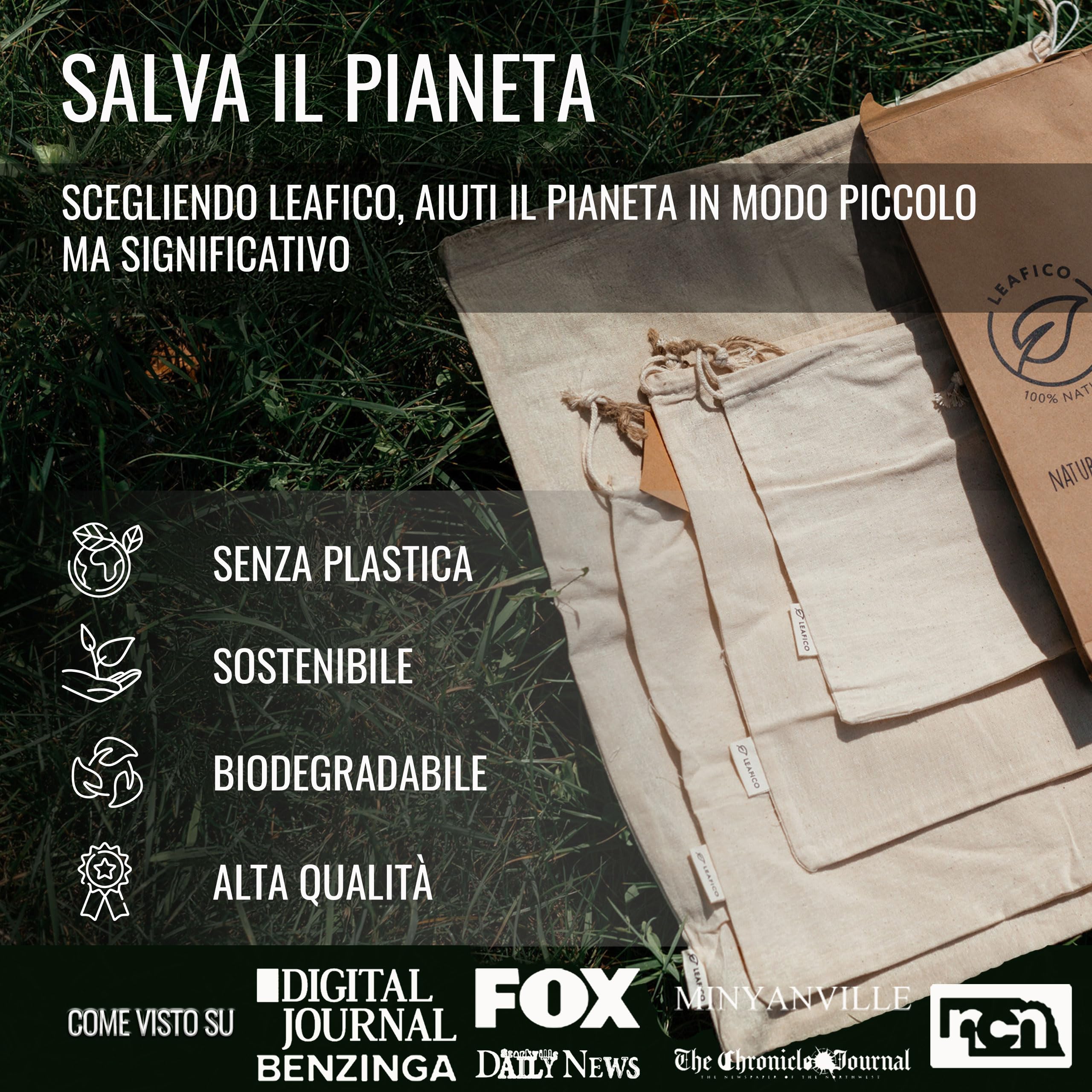 Leafico Sacchetti in Cotone Riutilizzabili Large 25x30 cm per Verdura, Frutta, Cipolle, Pane, Spesa Sfusa – Sacche Grandi Multiuso Lavabili e Naturali per Casa e Organizer – Confezione da 12 Pezzi