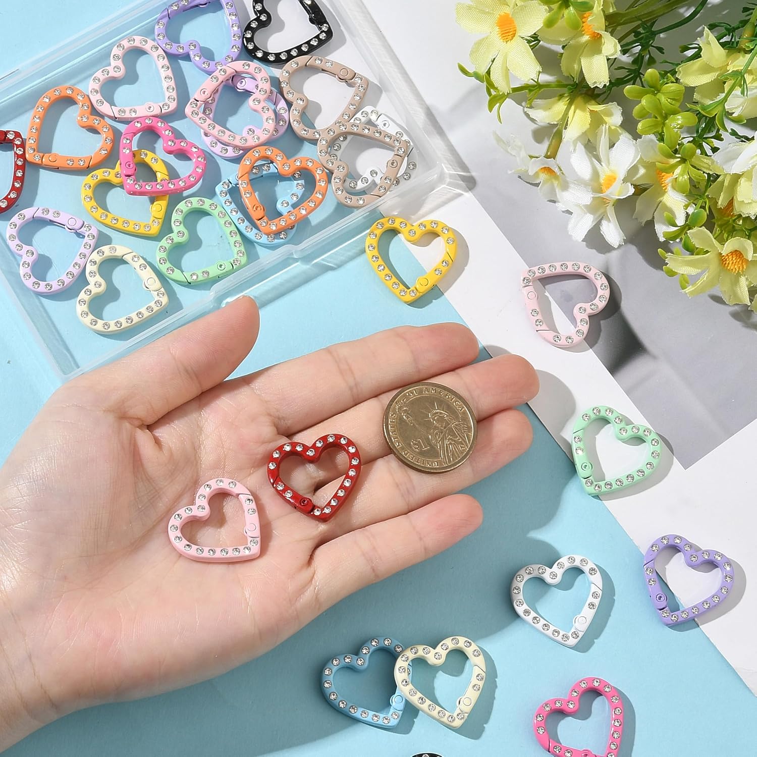 SUNNYCLUE 1 Box 14 Colors 28Pcs Heart Spring Clasp Cute Spring Clip Alloy Rhinestone Colorful Cute Snap Trigger Hooks Carabiner Rings Links for Handbag Purse Keychain Craft Supplies Diy Jewelry Making image 4