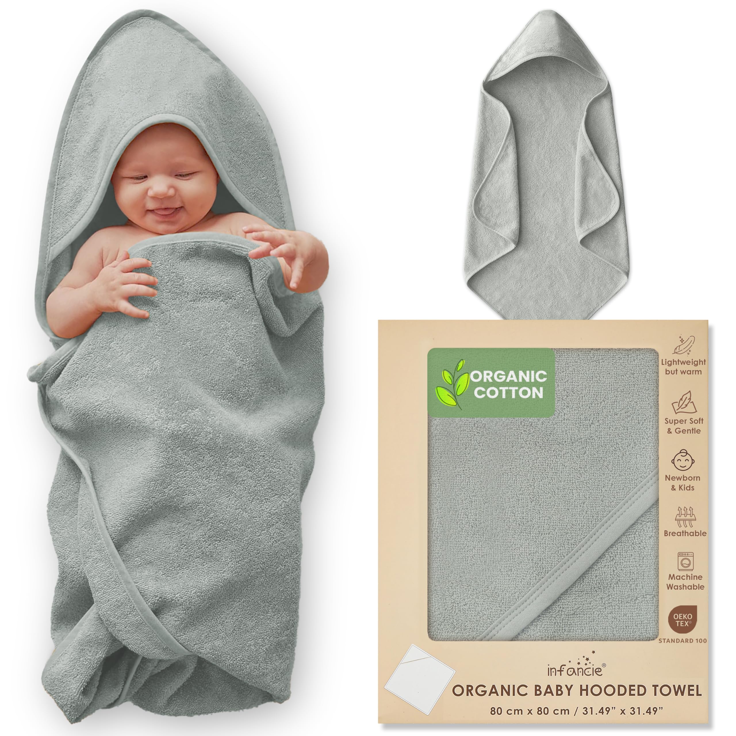 infancie 100% Organic Cotton Plush Woven Hooded Baby Bath Towels - Soft and Absorbent 31x31 Inches for Newborns and Kids, Baby Hood Towels for Newborn