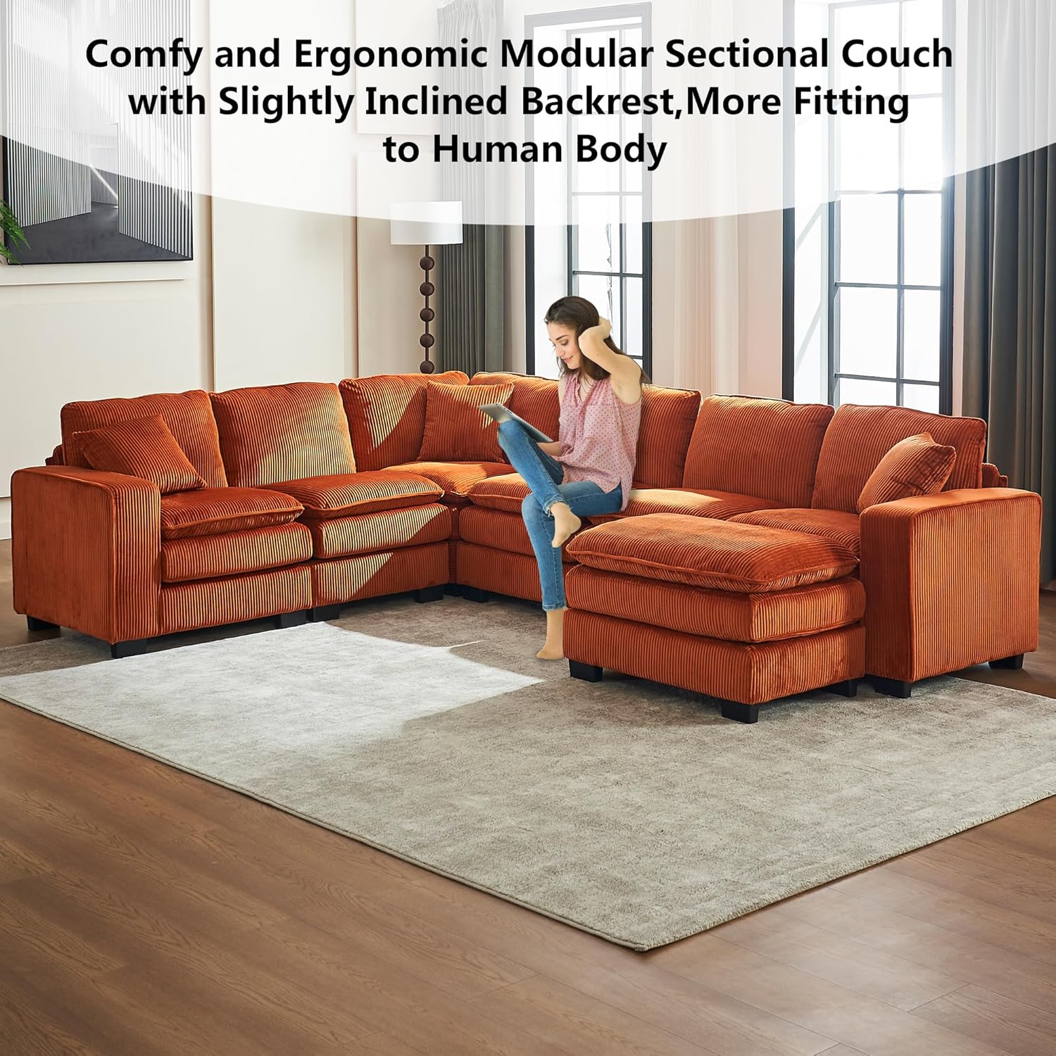 Aoowow Corduroy Modular Sectional Sofa Couch,Spacious 6 Seater Cloud Couch,L-shaped Corner Sofas,DIY Free Combination U-shaped Sofa with Ottoman for Living Room (Burnt Orange, 6 Seater with 1 Ottoman) 6 Seater with 1 Ottoman Burnt Orange