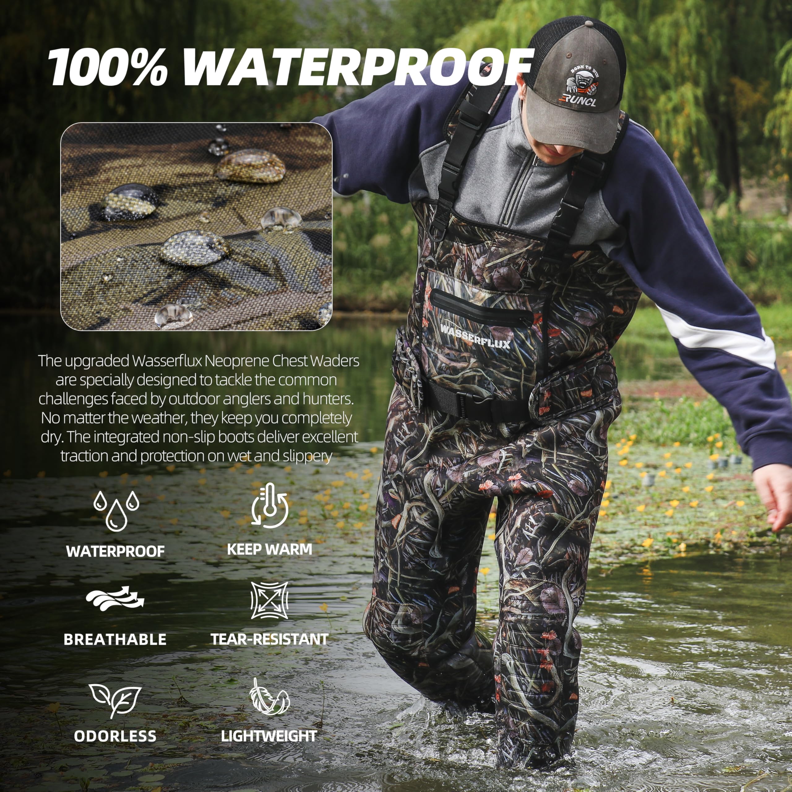 Wathose für Herren mit Stiefeln – wasserdichte 4 mm Neopren-Wathose, 8 mm verstärkte Knie, 800 g isoliertes Stiefelfuß-Design für Jagd und Outdoor
