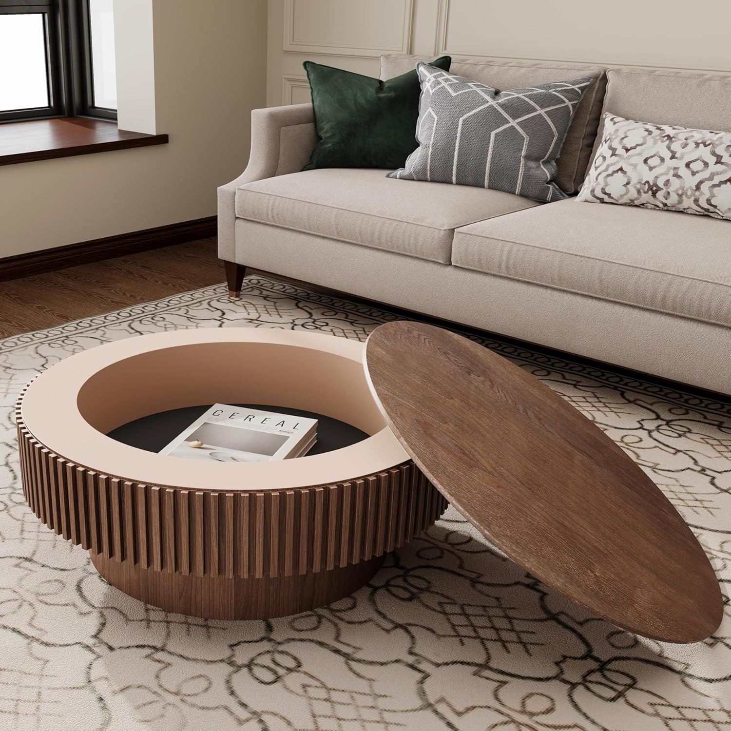 KEVINSPACE 31.5" Round Wood Coffee Tables for Living Room, Farmhouse Circle CoffeeTable with Storage, Rustic Mid Century Modern CoffeeTables for Apartment, Small Spaces Bedroom Easy Assembly Walnut