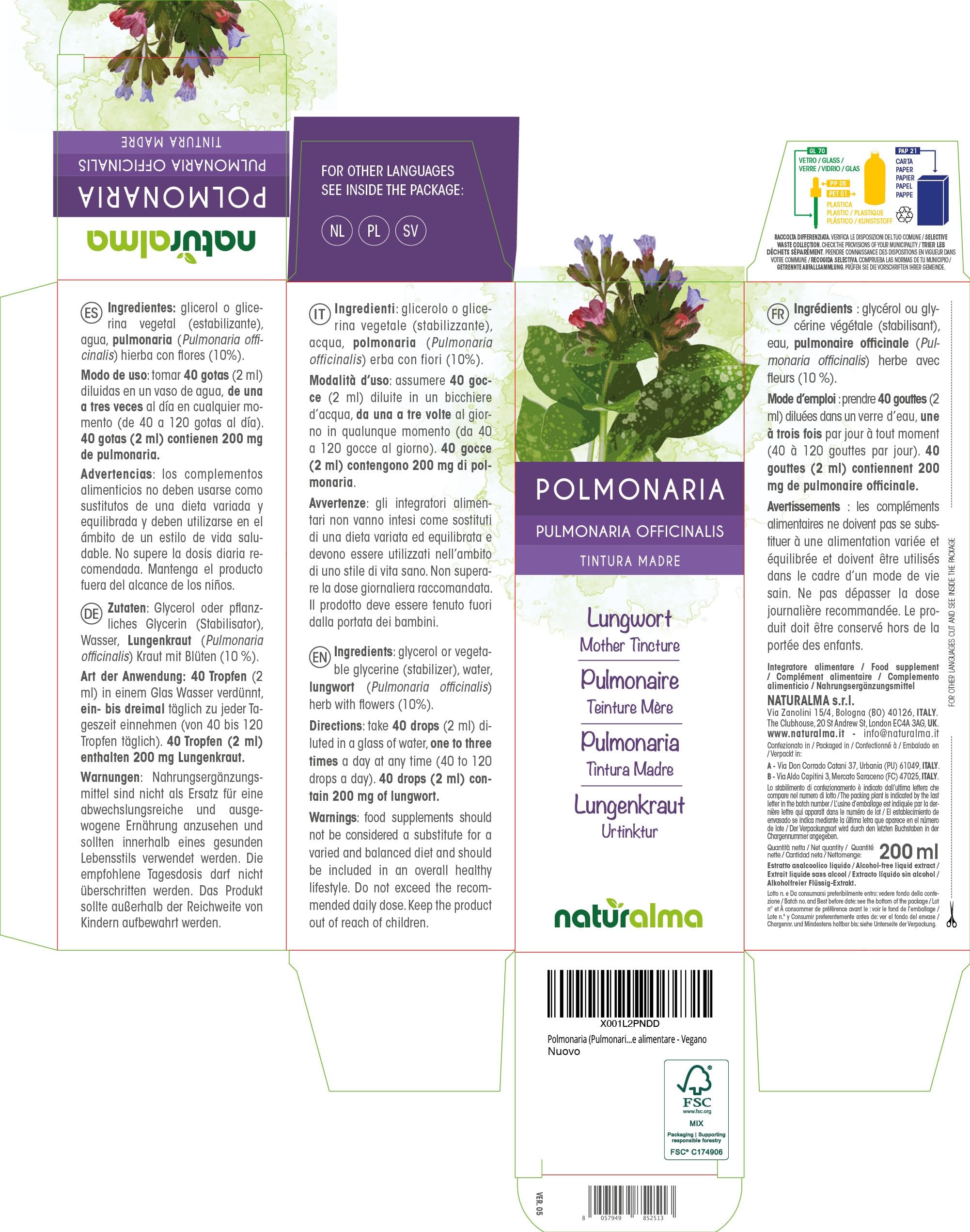 Lungenkraut (Pulmonaria officinalis) Kraut mit Blüten Alkoholfreier Urtinktur Naturalma - Flüssig-Extrakt Tropfen 200 ml - Nahrungsergänzungsmittel - Veganer