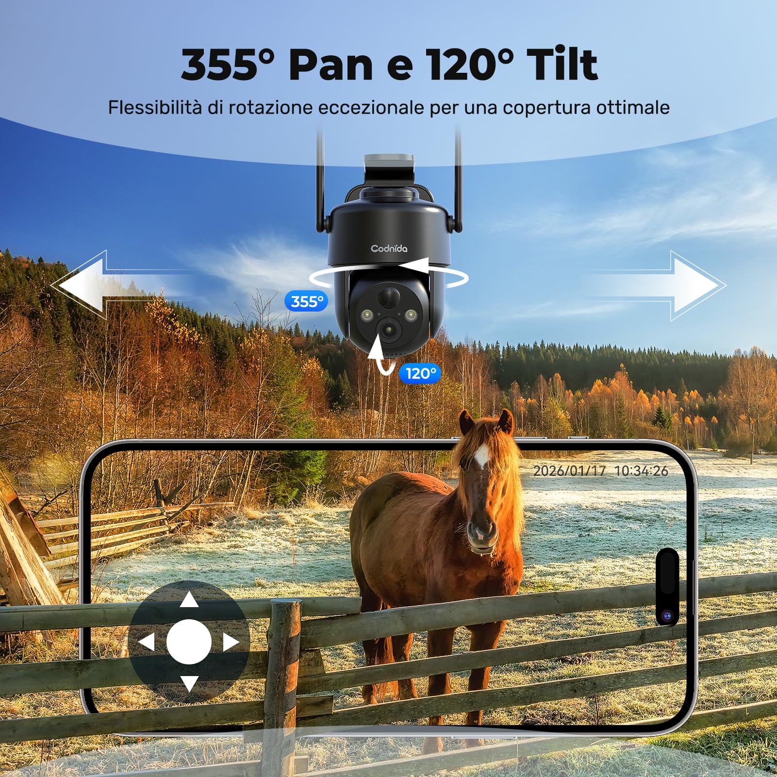 Codnida 4G Telecamera Esterno con Pannello Solare, 2K Telecamera Sanza Fili con Scheda Sim, 355° PTZ Videocamera Sorveglianza, Audio Bidirezionale, Rilevamento del Movimento, Visione Notturna a Colori