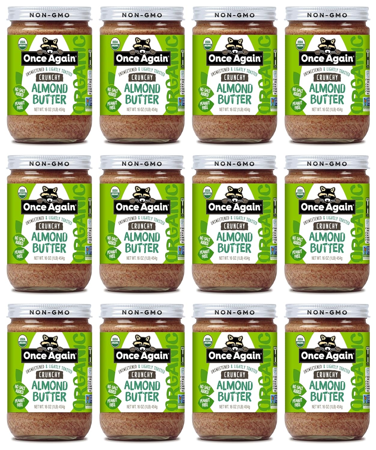 Once Again Organic Crunchy Almond Butter, 16oz - Lightly Toasted - Salt Free, Unsweetened - USDA Organic, Gluten Free Certified, Peanut Free, Vegan, Kosher, Paleo - Glass Jar - 12 Pack