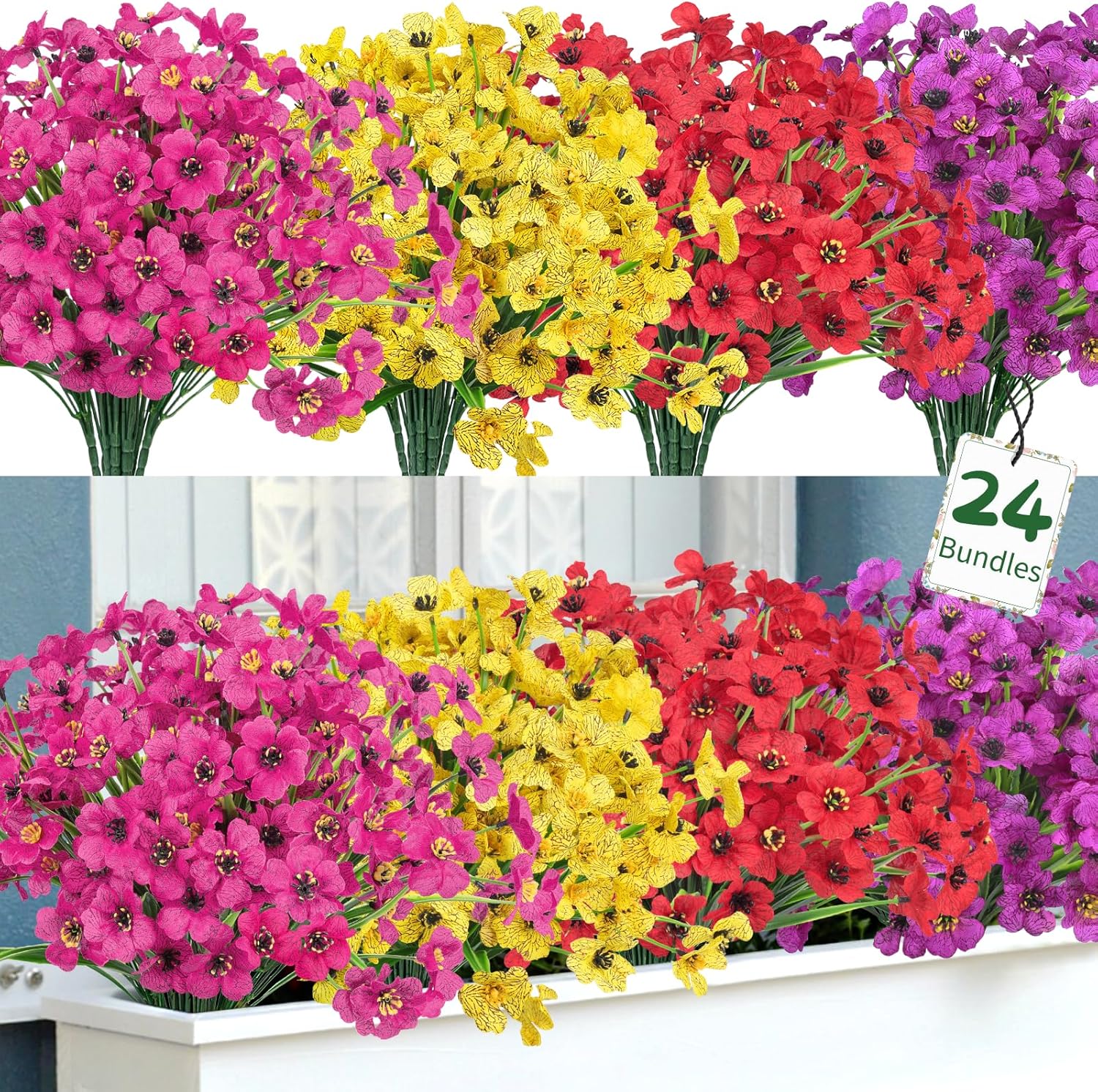 Ouddy Decor 24 Bundles Artificial Flowers for Outdoors Fake Silk Flowers UV Resistant Faux Plastic Plants for Indoor Outdoor Vase Box Garden Porch Window Box Home Spring Summer Decor, Multicolor